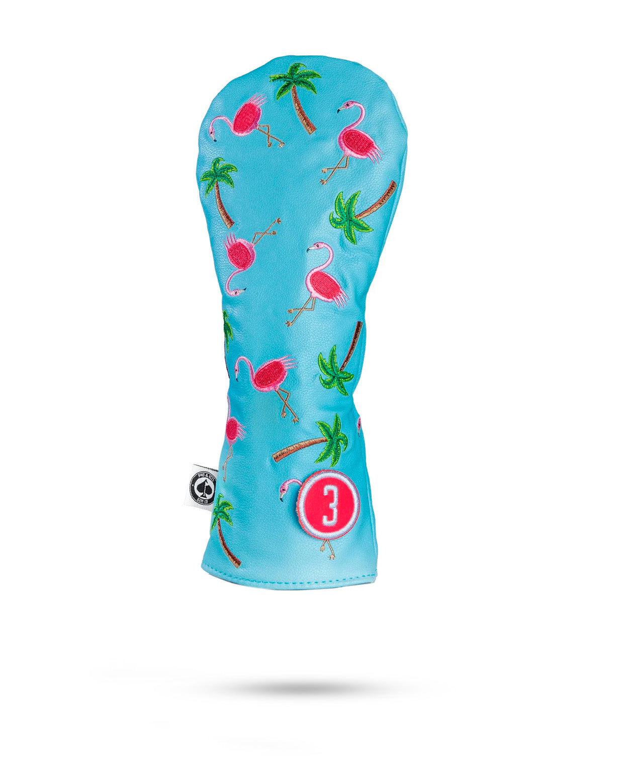Bright blue fairway cover featuring playful pink flamingos and palm trees, designed to add fun to your golf game.
