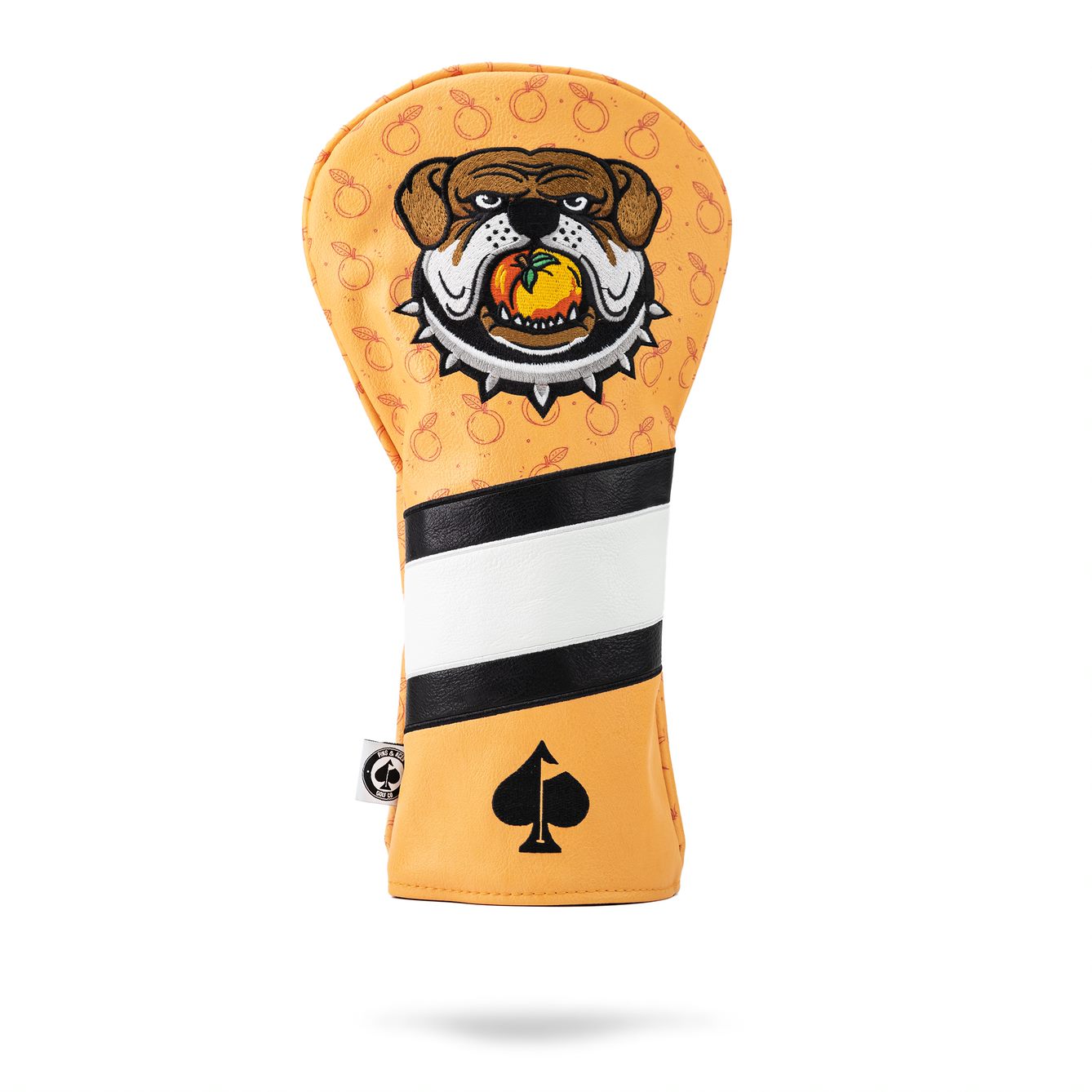 Bold orange driver cover featuring a fierce bulldog graphic and a sleek black and white stripe, perfect for standout golfers.