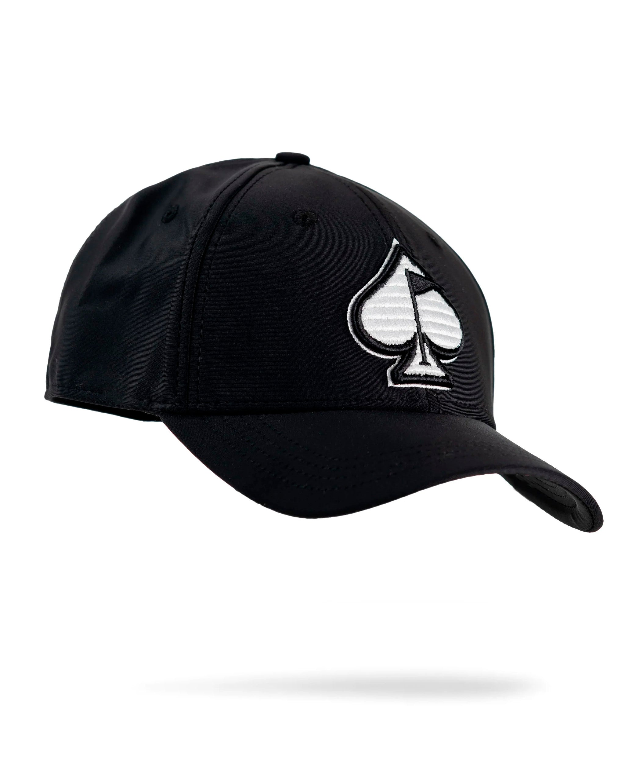 Fitted black performance hat featuring a sleek spade logo, designed for comfort and style on the golf course.