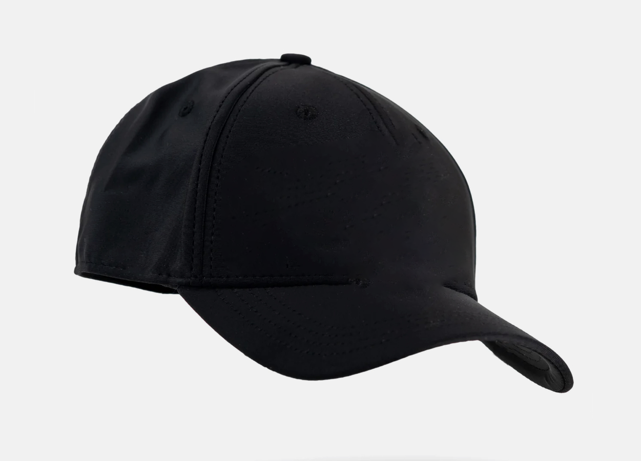 Black golf cap with a curved brim, breathable fabric, and subtle stitched detail for a bold, unique look on the course.