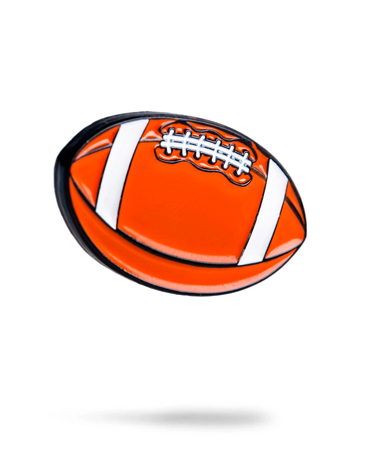 Football ball marker featuring an orange design with white laces and stripes, perfect for golf enthusiasts.