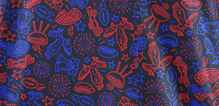 Bold navy fabric featuring red doodles of sports equipment, fireworks, and patriotic symbols, perfect for standout golf apparel.