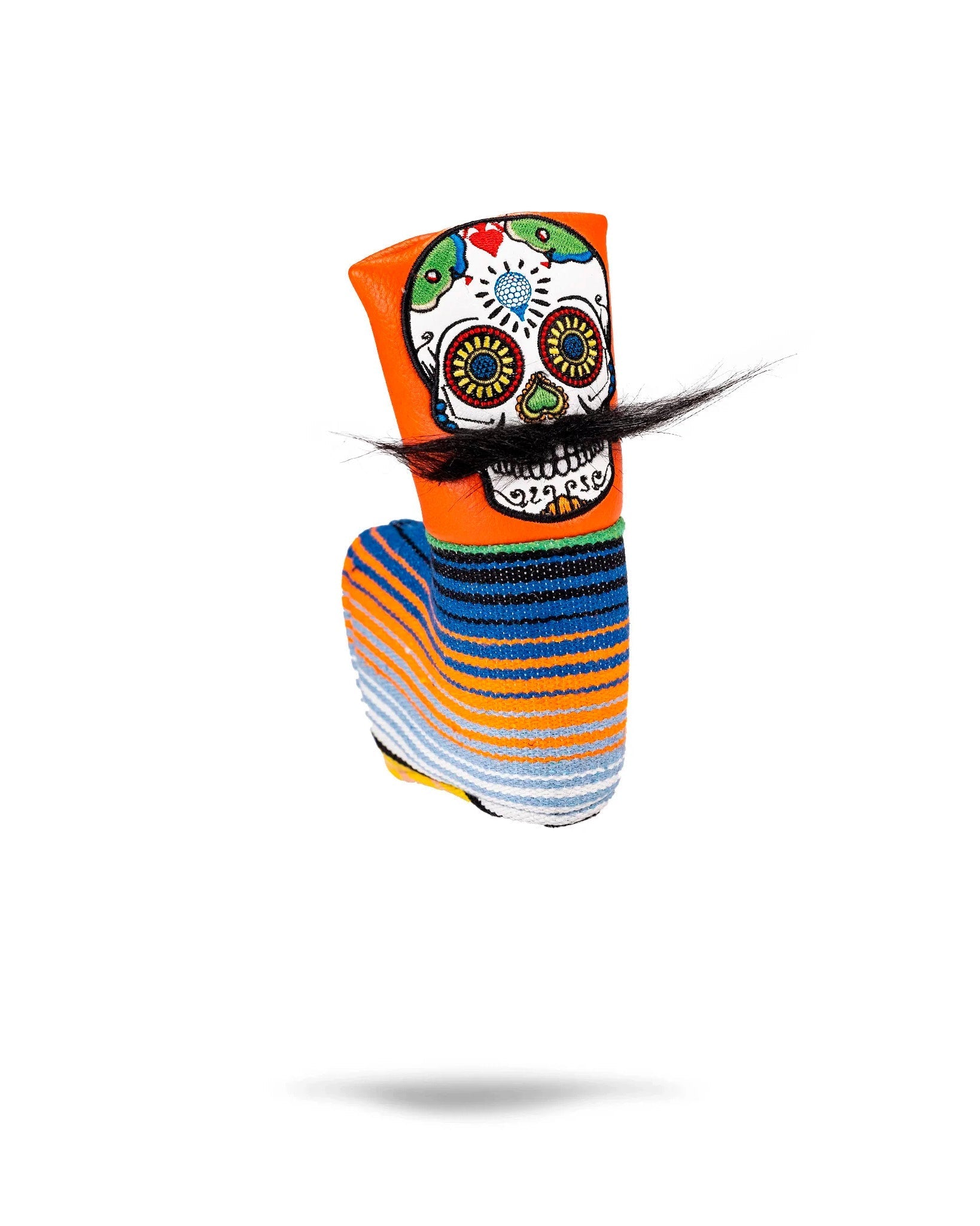 Alt text: Orange mustache sugar skull blade putter cover with vibrant designs and intricate details.