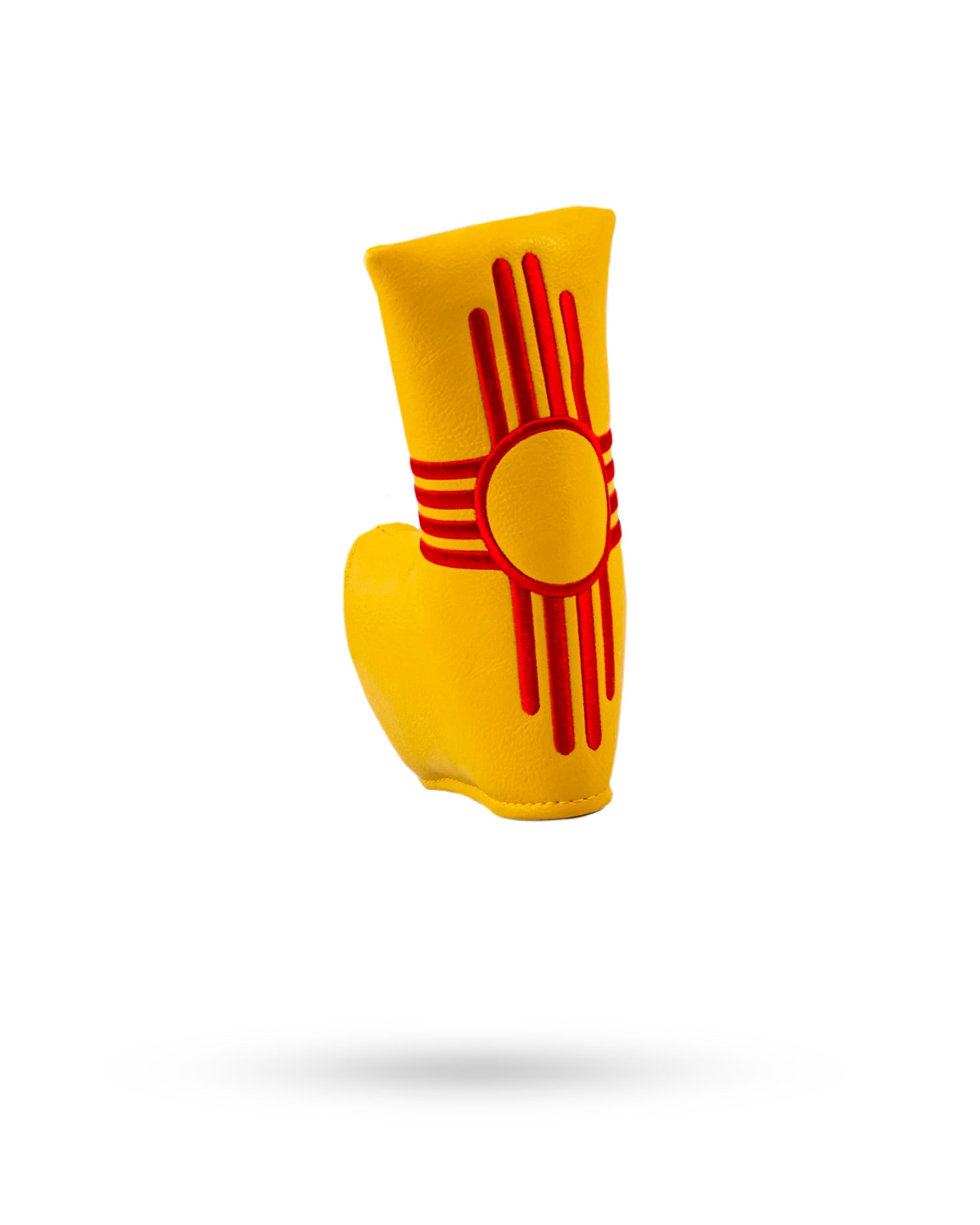 New Mexico State Flag Blade Putter Cover featuring a vibrant yellow design with red Zia sun symbol. Perfect for golfers.