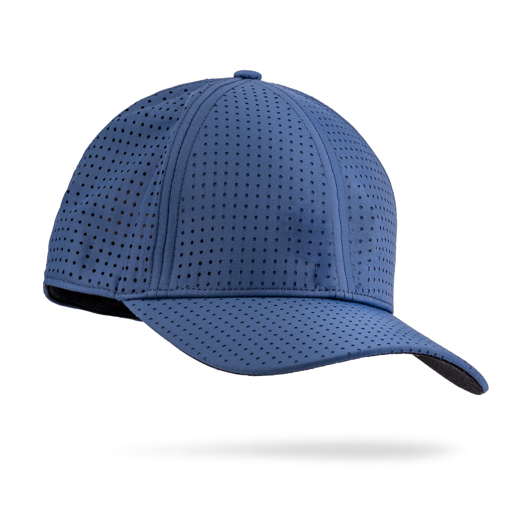 Blue perforated golf cap with curved brim, breathable design, and black underside, perfect for bold golf style.