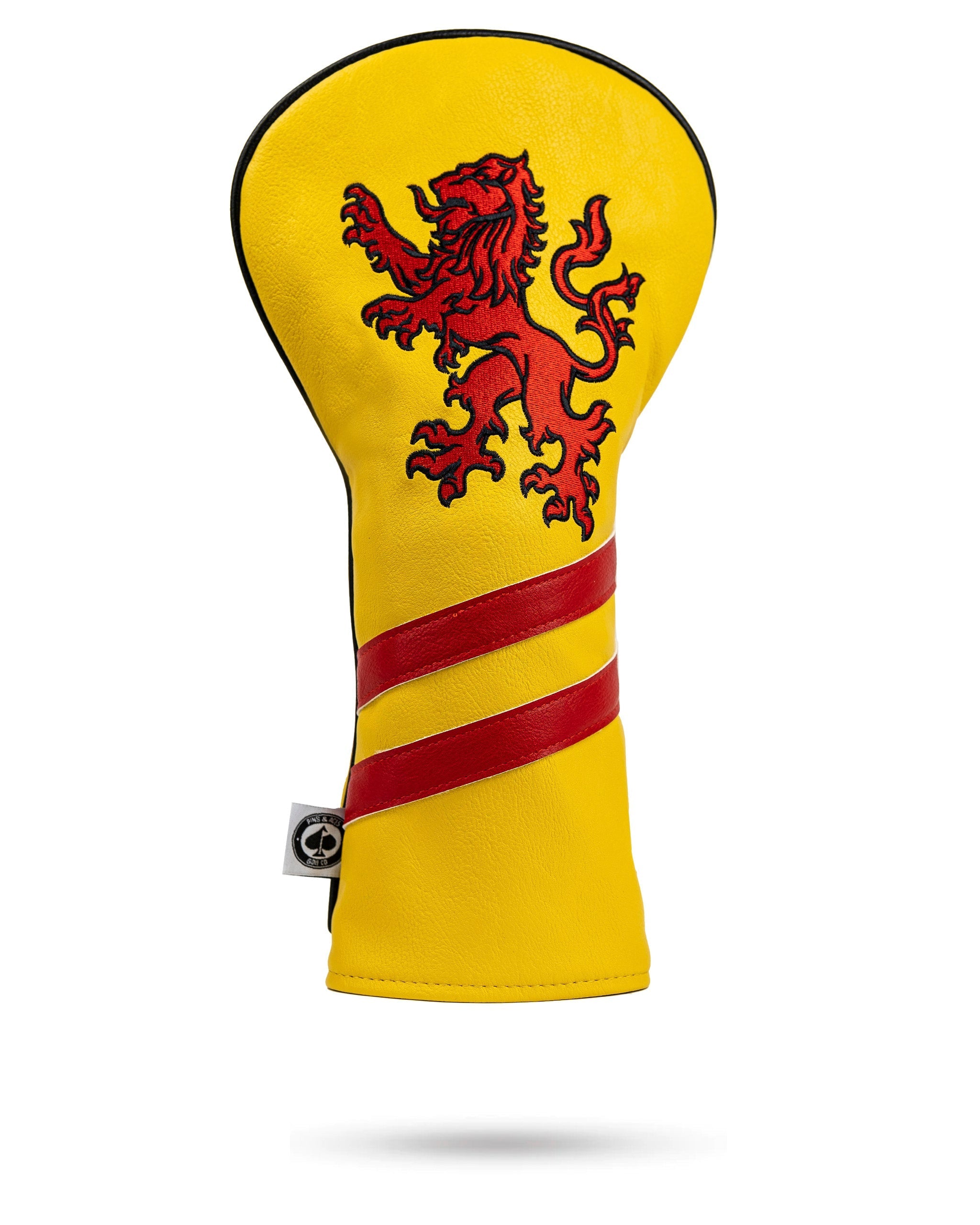 Bold yellow driver cover featuring a red lion emblem and red stripes, perfect for golfers who want to showcase their Scottish pride.