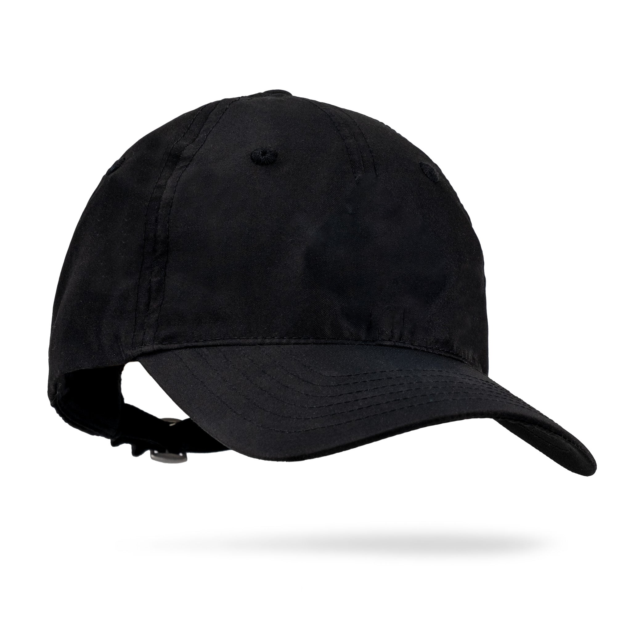Black baseball cap with a curved brim, adjustable strap, and subtle stitching details, perfect for bold golf style.