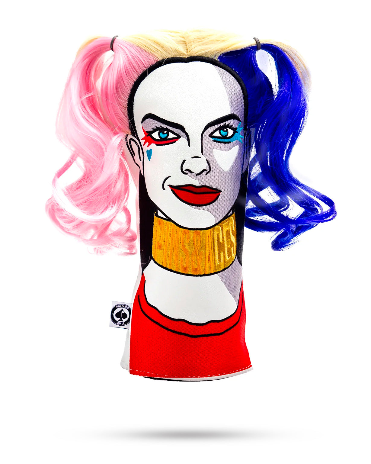 "The Quinn driver cover in a stylish black and blue design, featuring a textured finish and logo detail, perfect for golf enthusiasts."