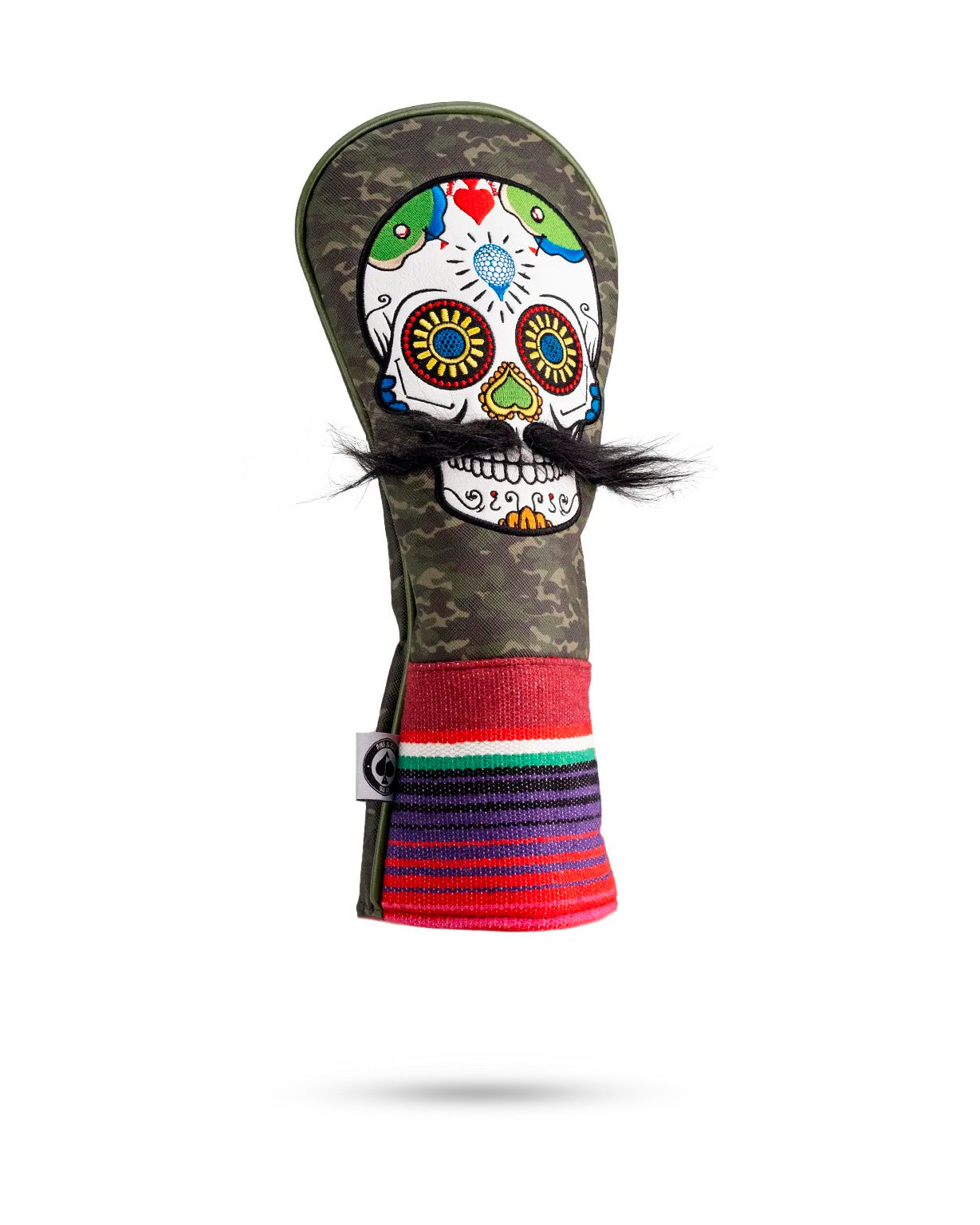 Mustache Sugar Skull fairway cover in green camo design, featuring a colorful sugar skull graphic with a mustache.