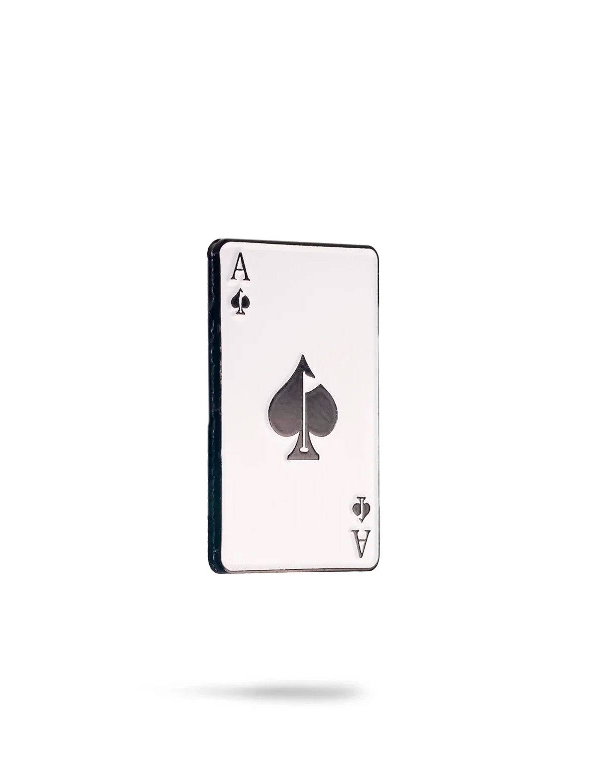 Alt text: "Ace of Spades ball marker for golf, designed to look like a playing card with a prominent black spade symbol and the letter 'A' on a white background."