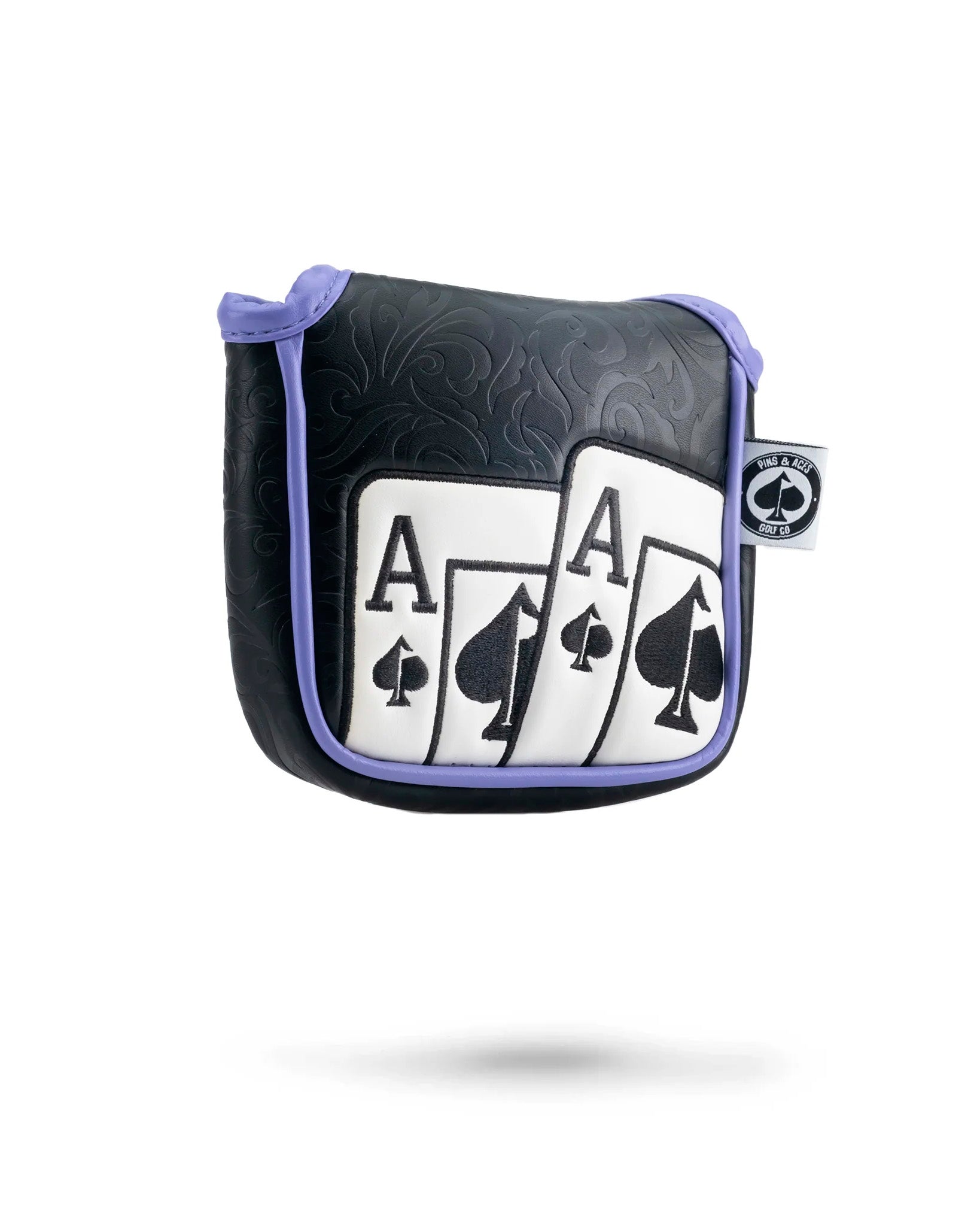 "Black and white Ace of Spades mallet putter cover with purple trim and a stylish embossed design, featuring large spade symbols and the logo of Wings & Aces Golf Co."