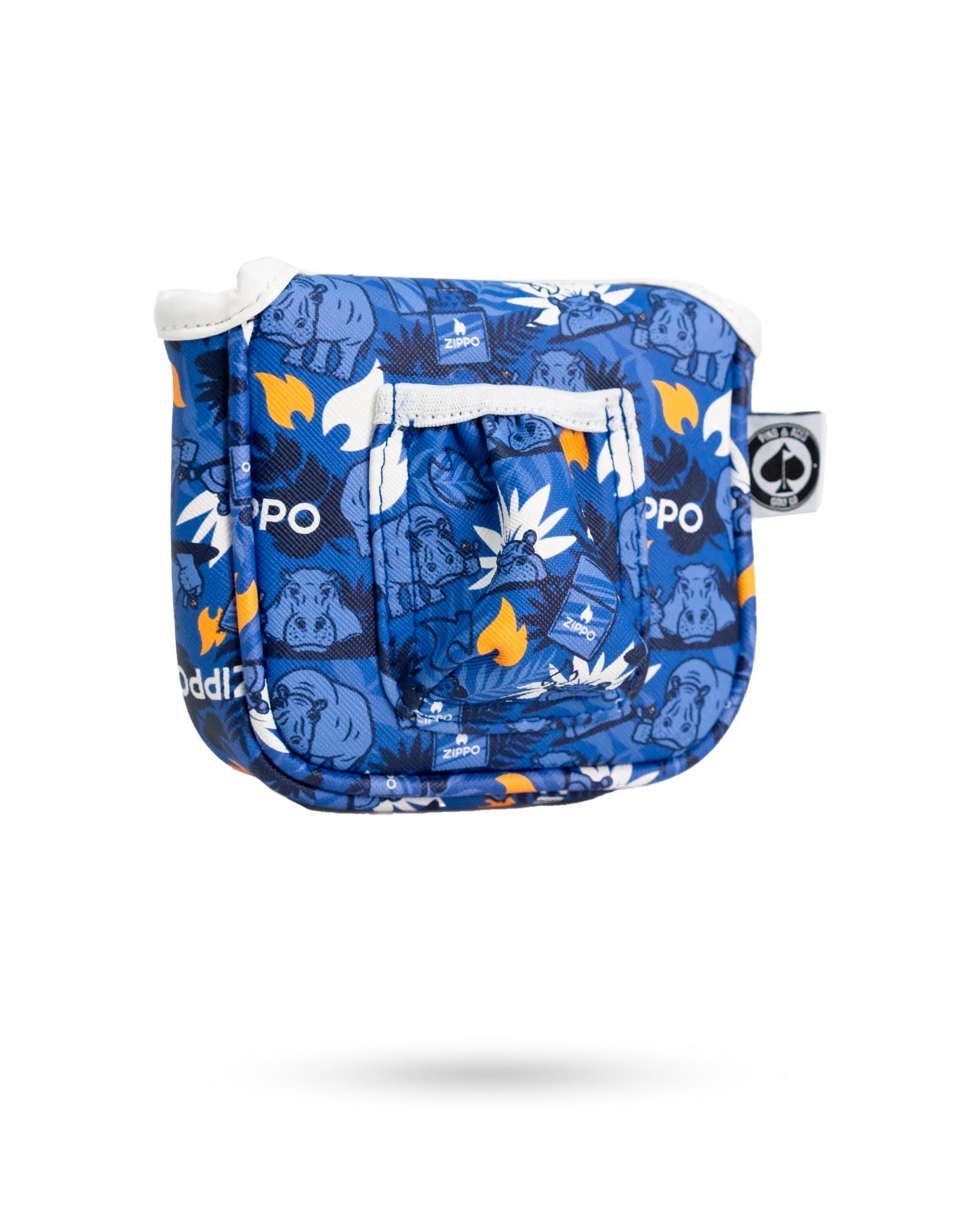 Bold blue mallet putter cover featuring a unique design with playful graphics, perfect for golfers wanting to stand out.