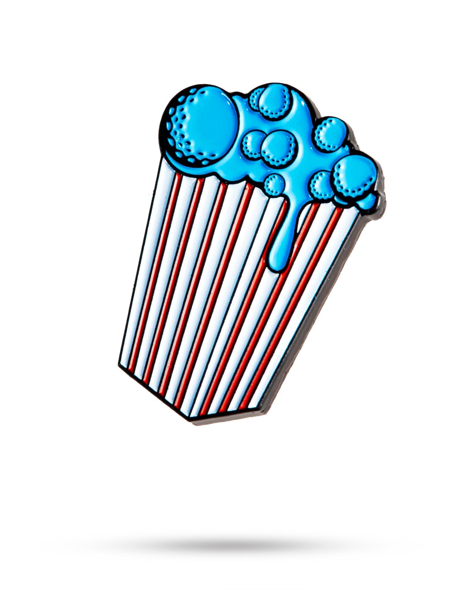Colorful popcorn ball marker featuring a striped container overflowing with blue popcorn and bubbles, perfect for golfers.
