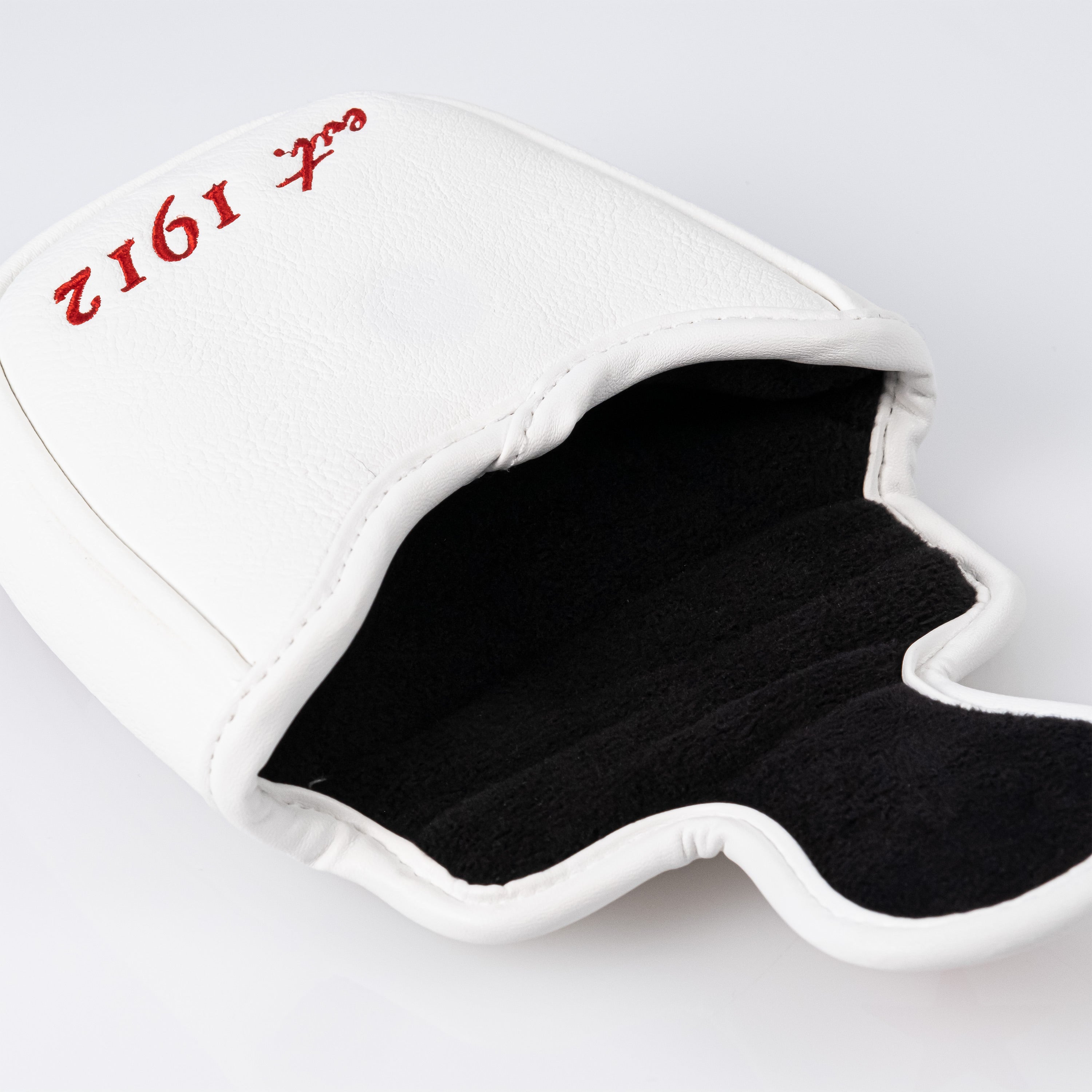 California State Flag mallet putter cover in white leather with soft black lining, featuring embroidered text for a stylish look.