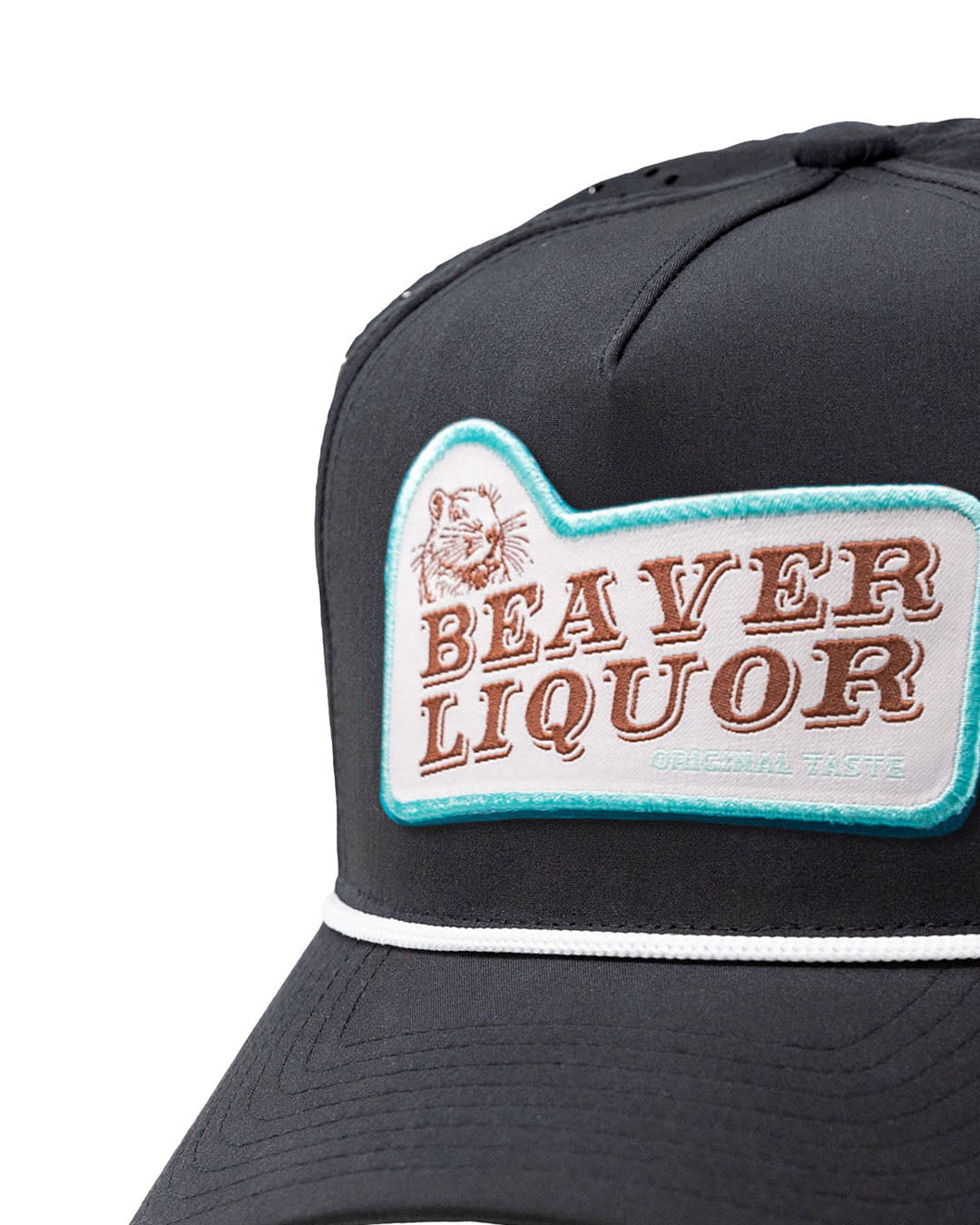 Perforated black rope hat featuring "Beaver Liquor" patch on the front.