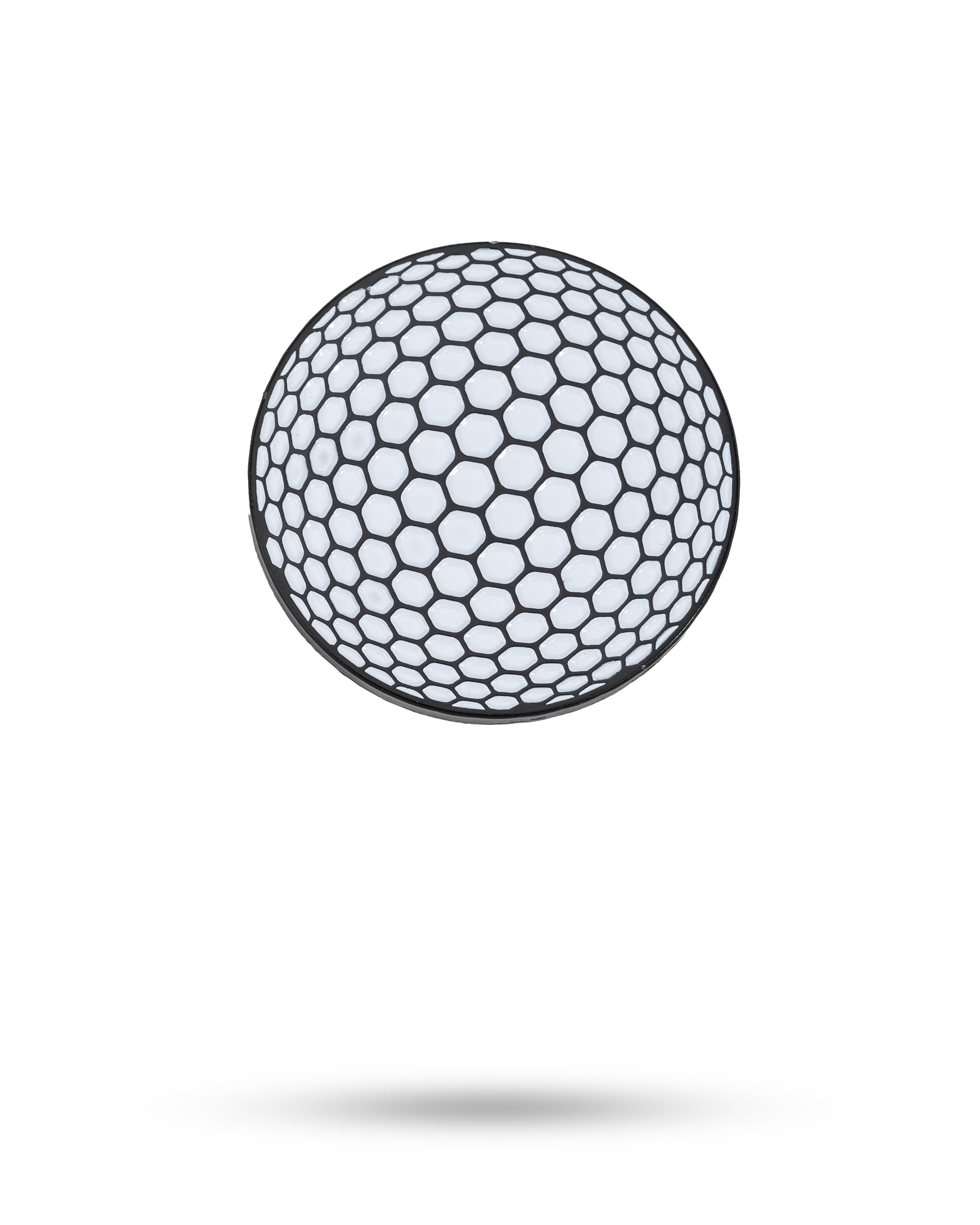 Golf ball shaped ball marker in white and green, featuring a textured surface and a logo design, set against a neutral background.