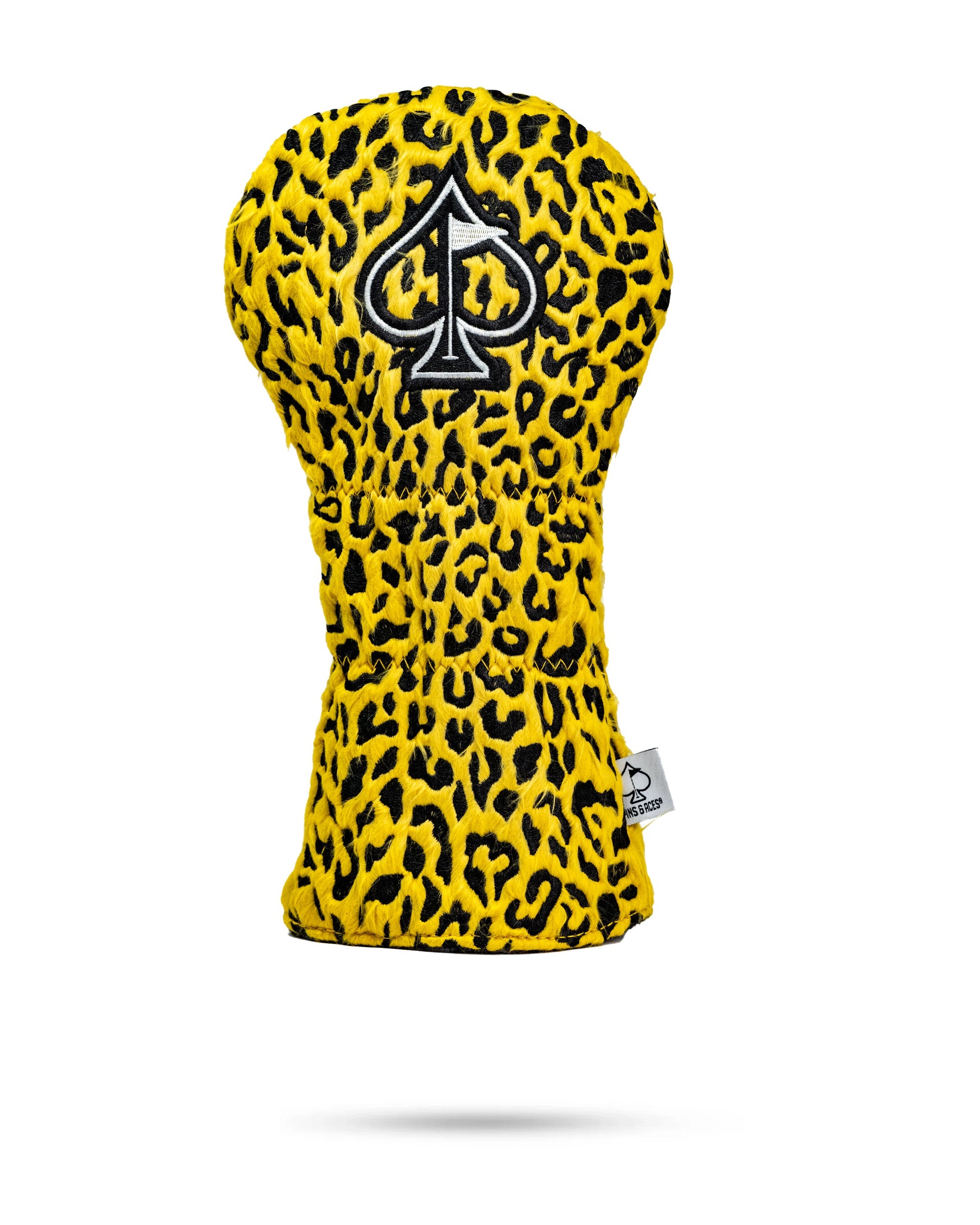 Leopard print golf driver cover with a textured furry exterior.