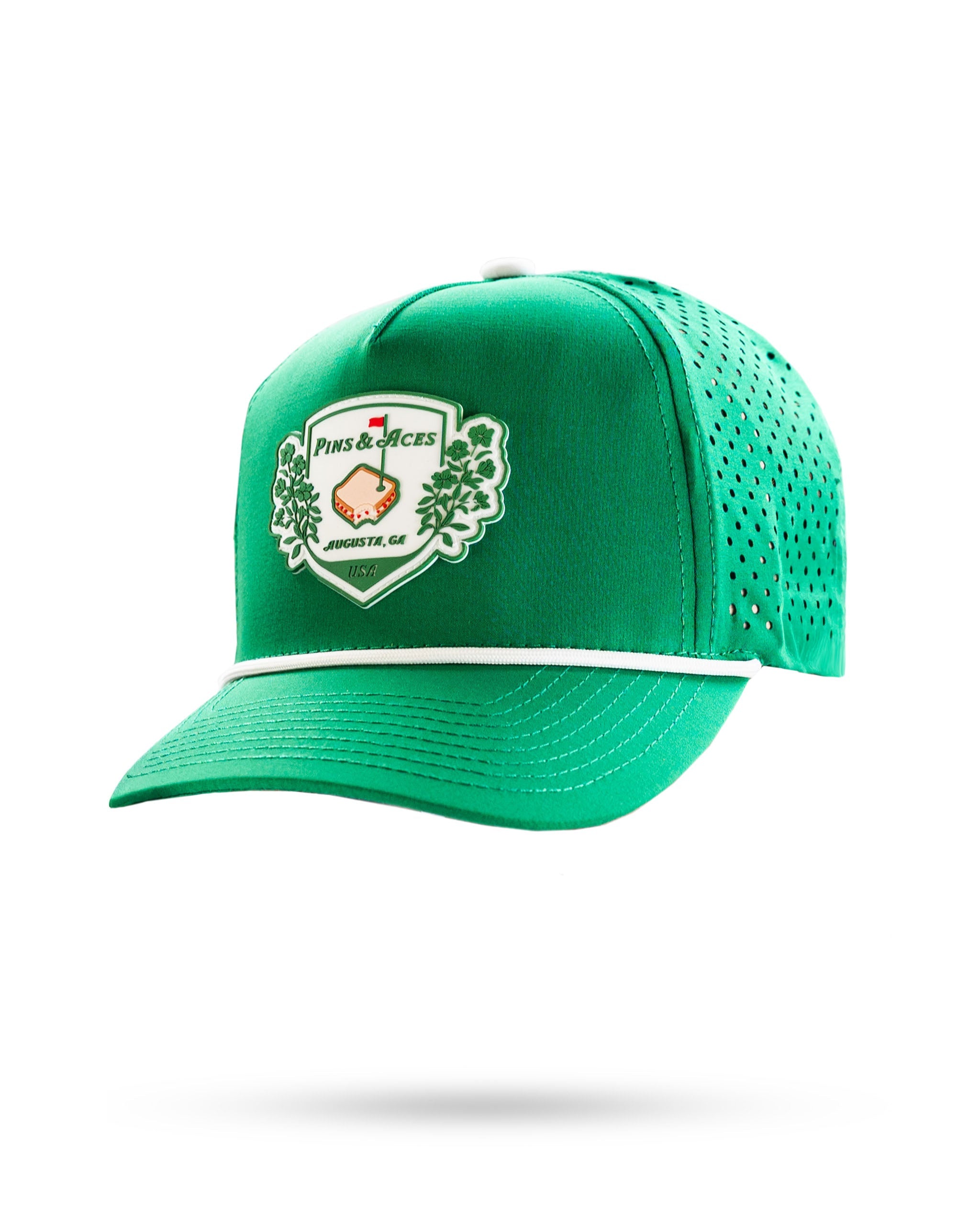 Green perforated rope hat by Pimento Crest, featuring a stylish design and adjustable fit.