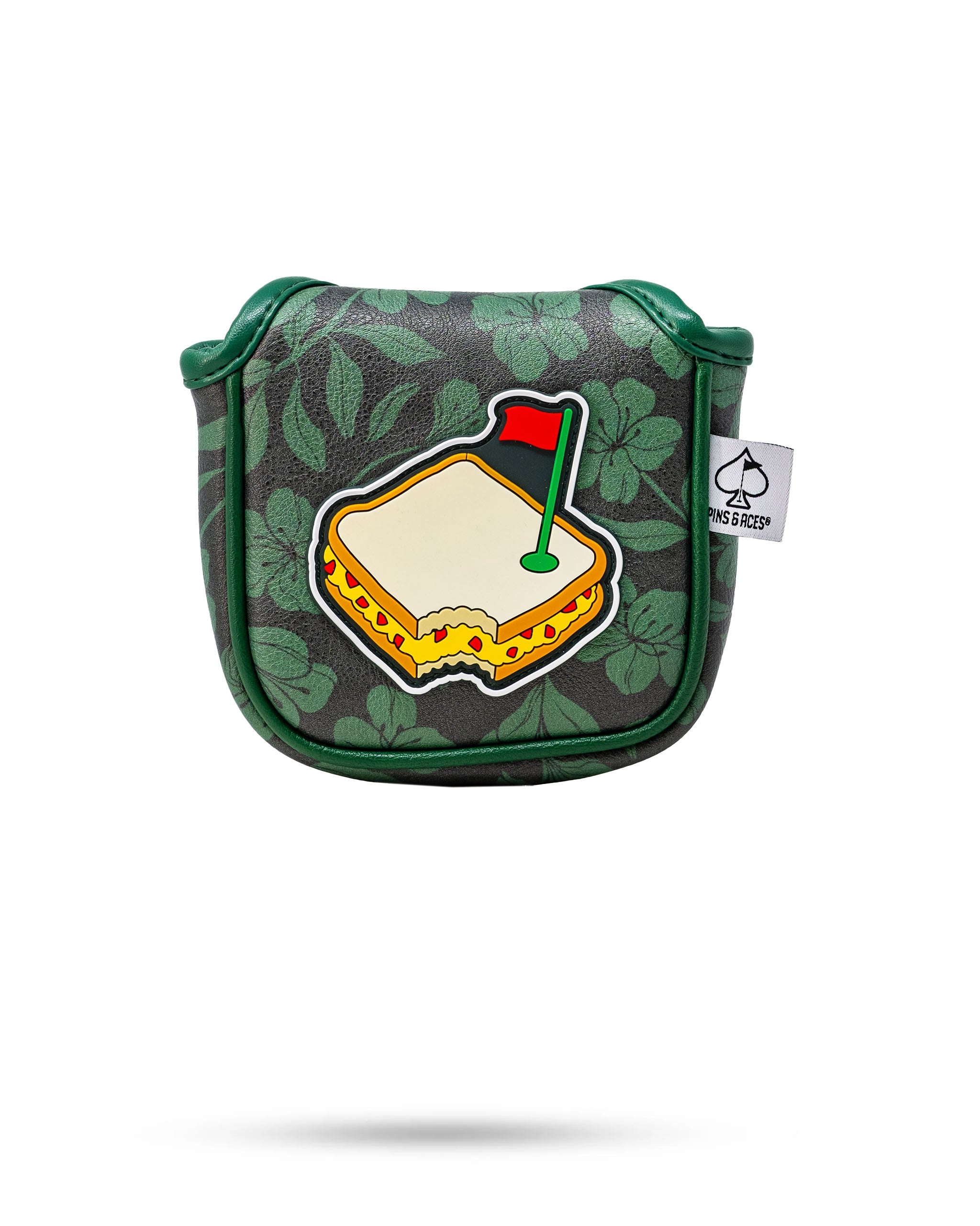 Augusta '25 mallet putter cover featuring a vibrant design in green and gold with embroidered detailing.