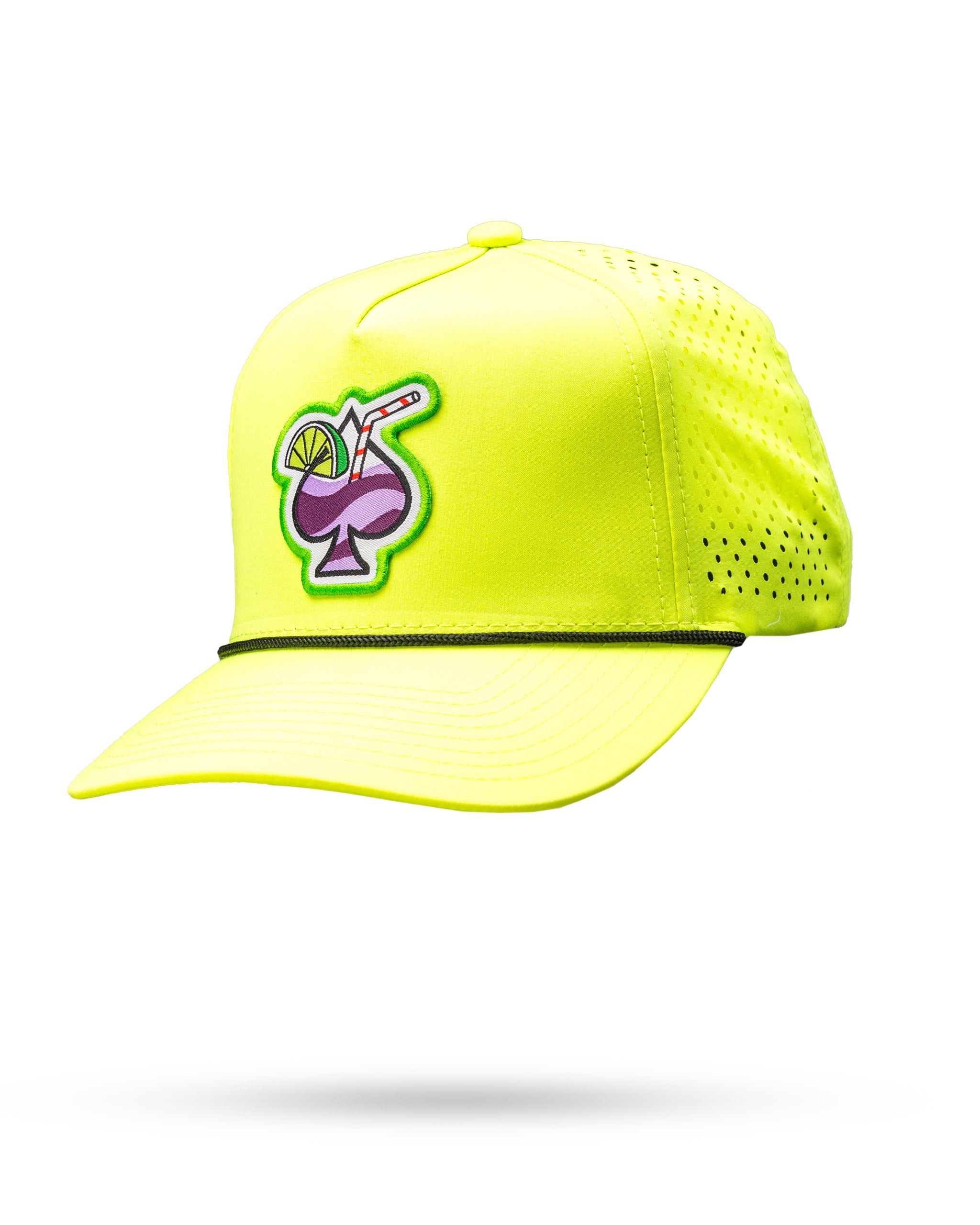 Perforated rope hat in highlighter yellow color, featuring a stylish design and adjustable strap.