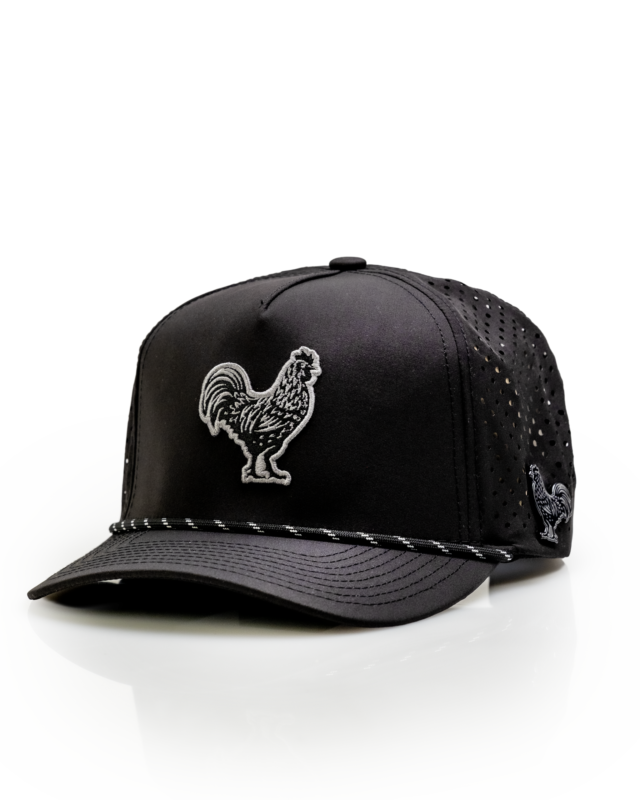 Black perforated rope hat featuring a rooster emblem, designed for golfers seeking a bold and stylish look on the course.