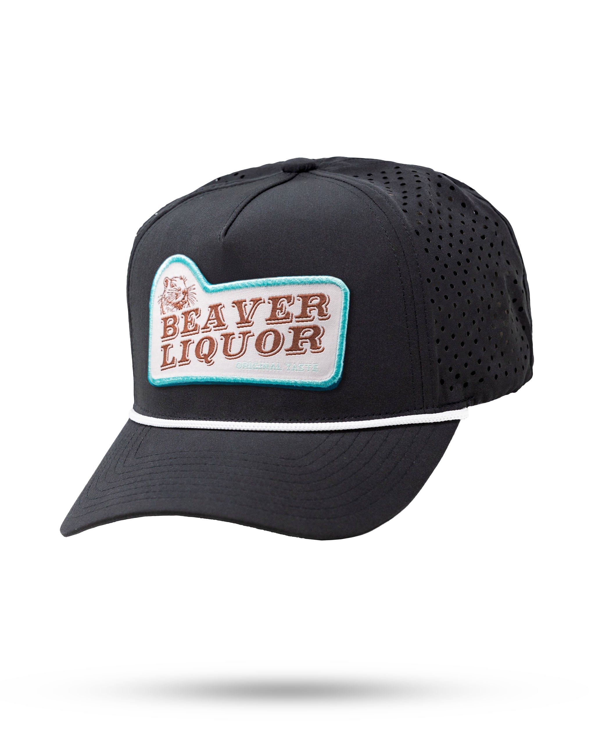 Black perforated rope hat featuring "Beaver Liquor" logo on the front.
