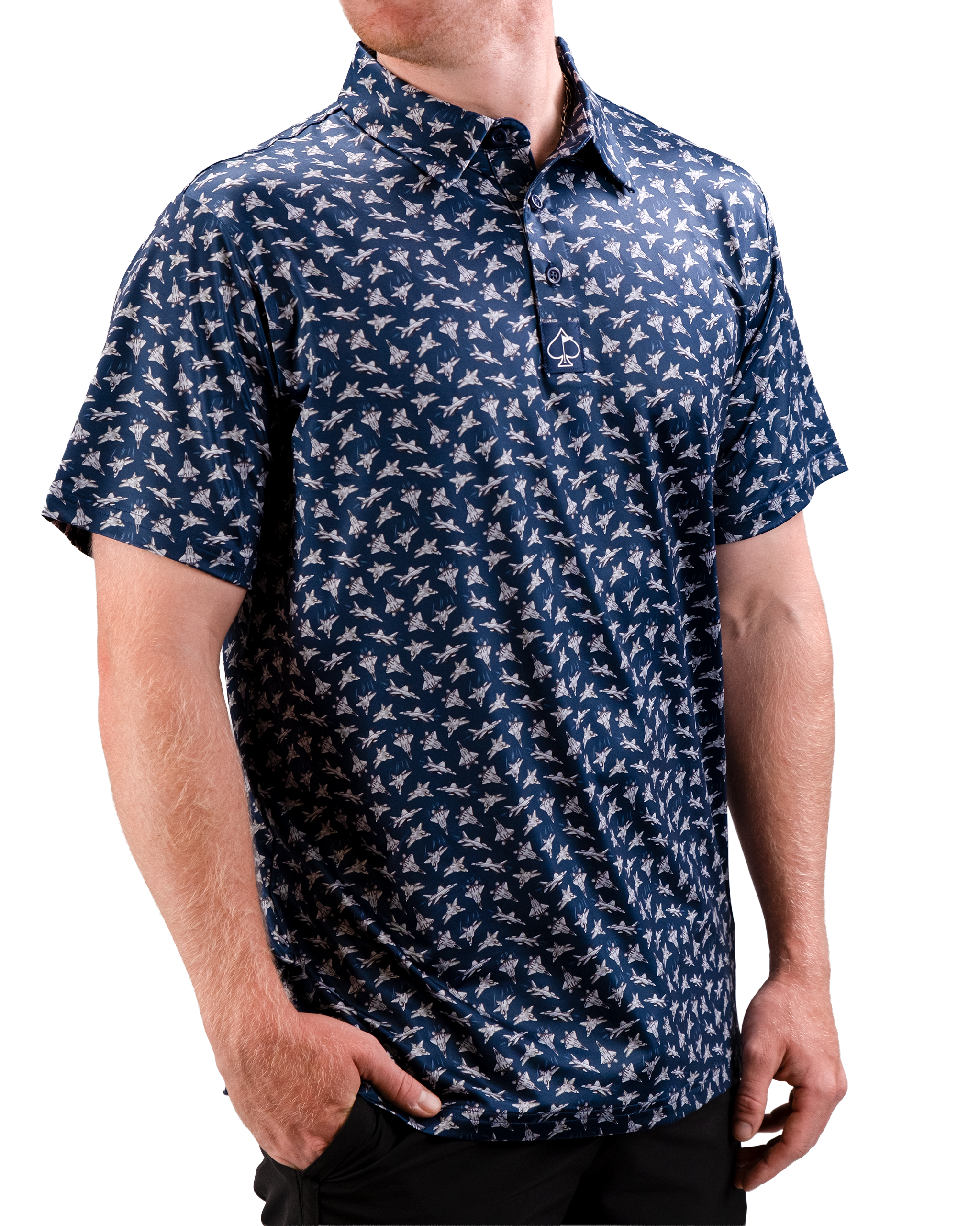 Men's navy short-sleeve golf shirt with a white bird of steel pattern, button-down collar, and a small spade logo on the chest.