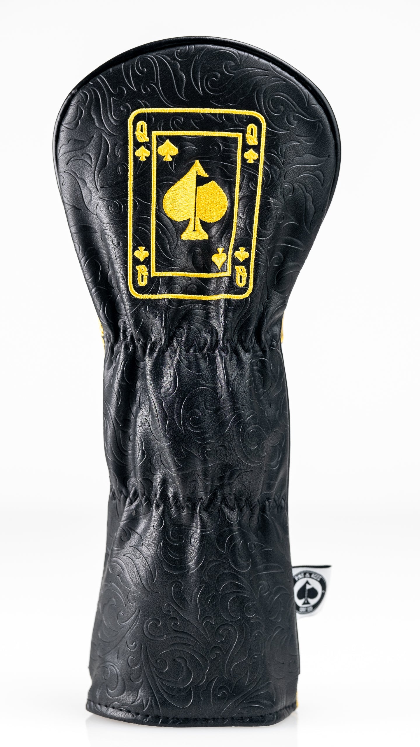 Black and gold queen of spades fairway cover with a sleek design and plush texture.