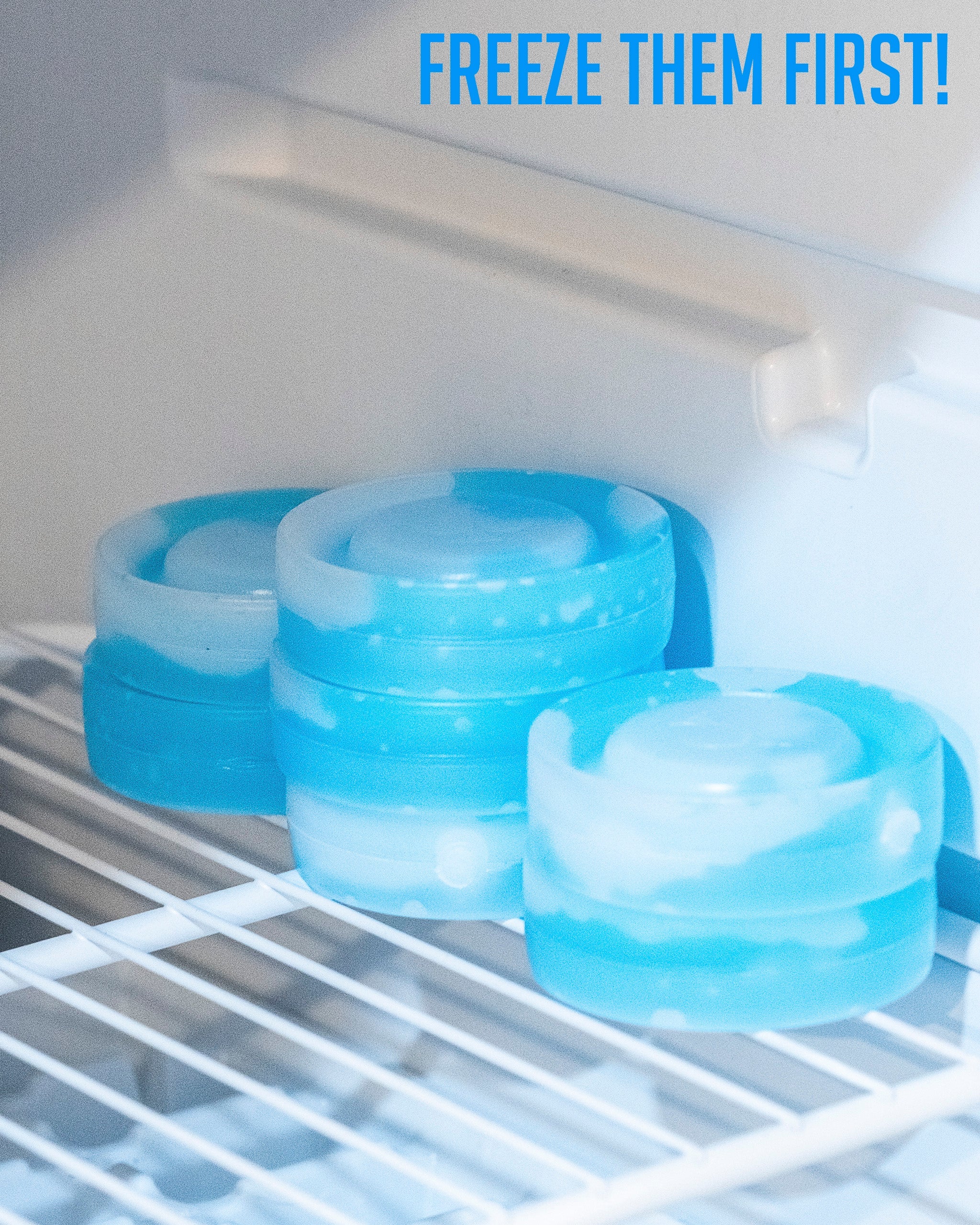 Blue beer sleeve ice pucks for cooling beverages, featuring a flexible design and compact size for easy use.