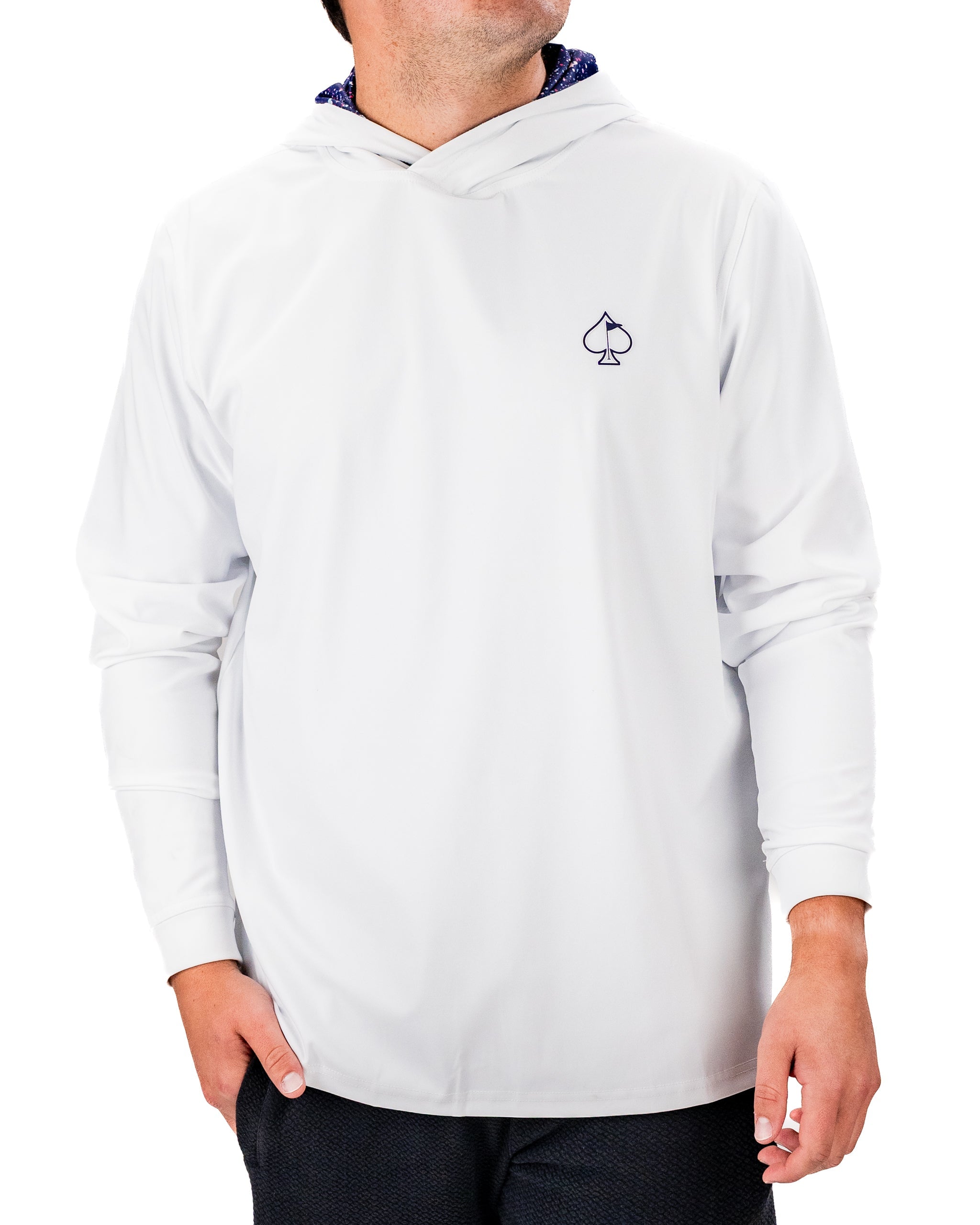 Men's performance golf hoodie in blue splatter design, featuring a lightweight fabric and a stylish hood for comfort on the course.