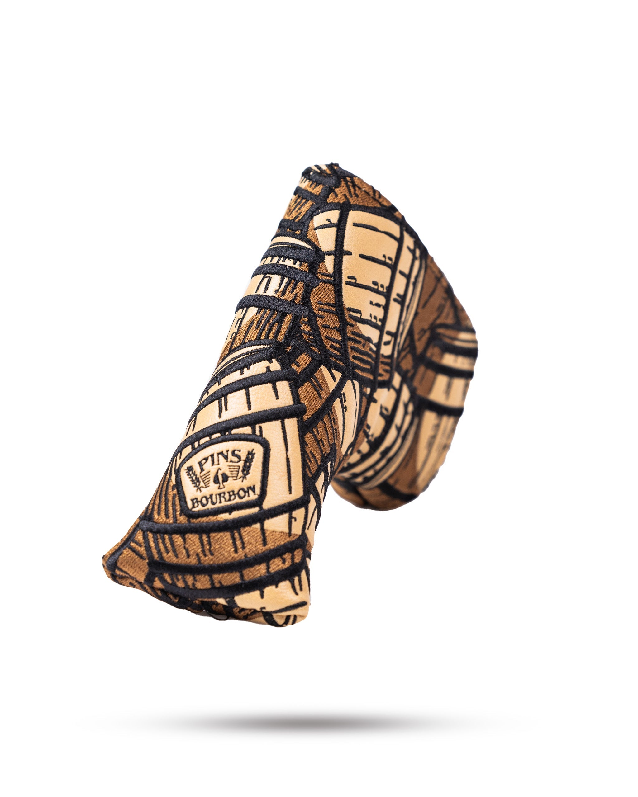 Bourbon Barrel Blade Putter Cover featuring a rich brown leather texture and a vintage bourbon barrel design.