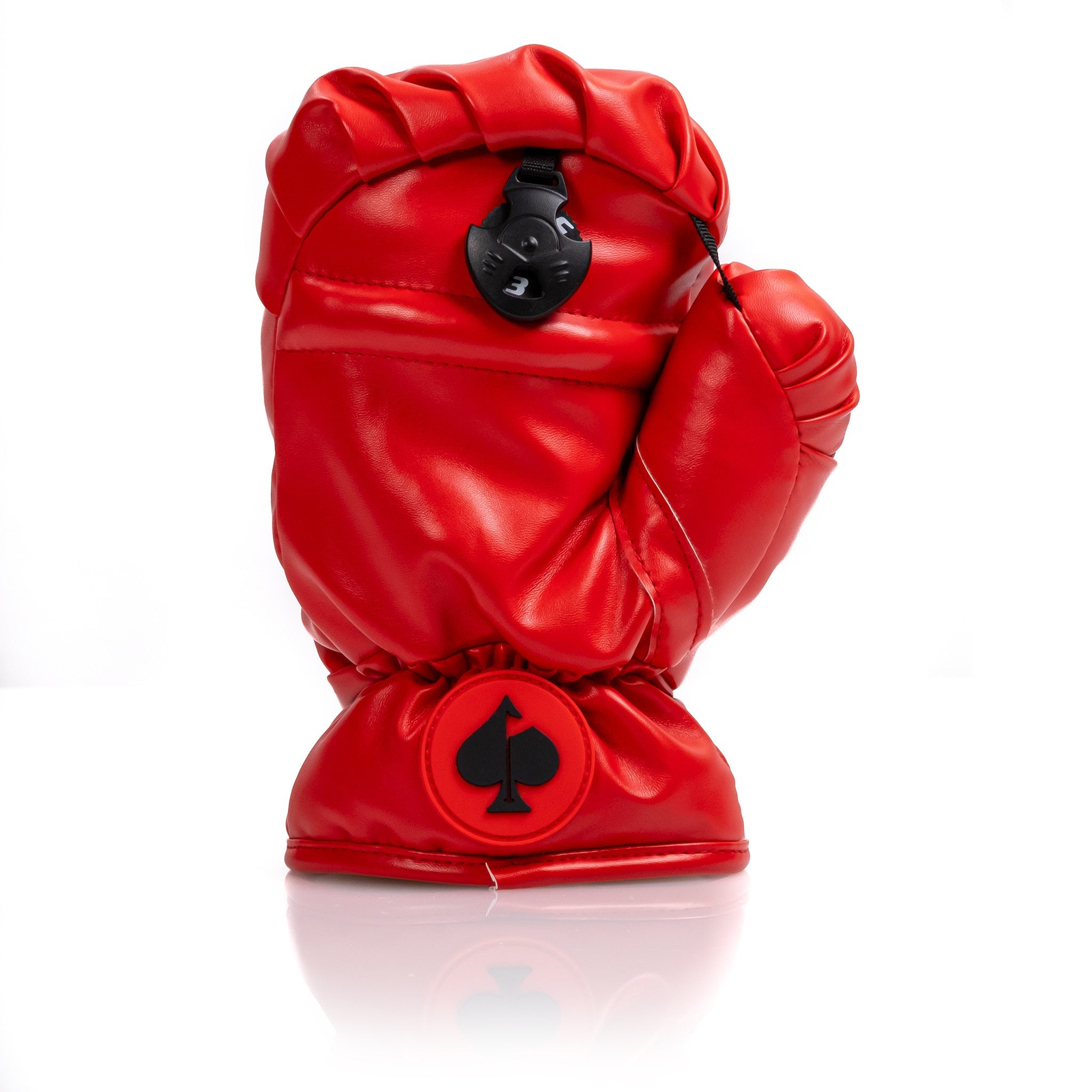Red boxing glove fairway cover for golf clubs, featuring a sleek design and durable material.