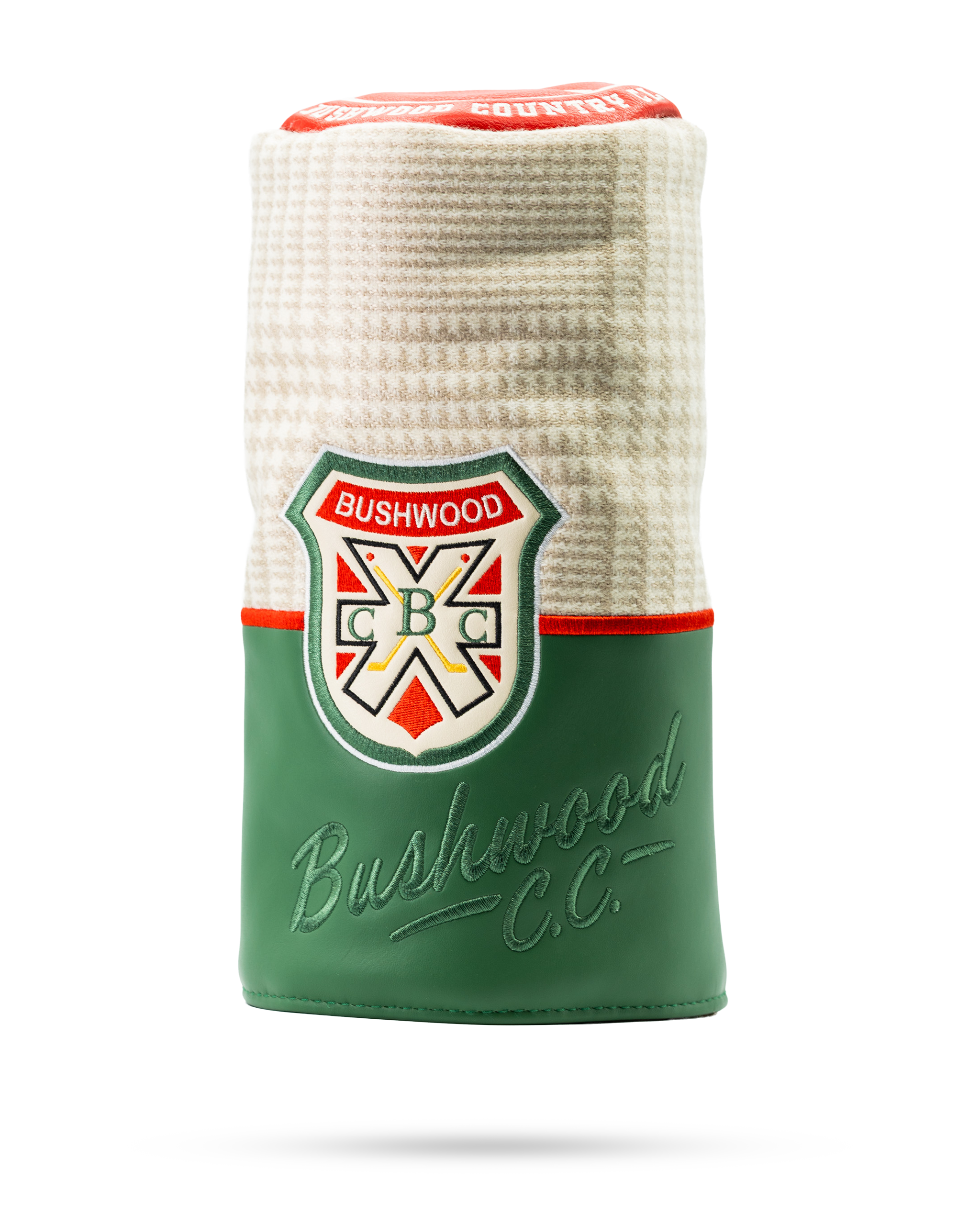 Bushwood CC driver cover featuring a classic design with a plaid pattern and embossed logo, perfect for stylish golfers.