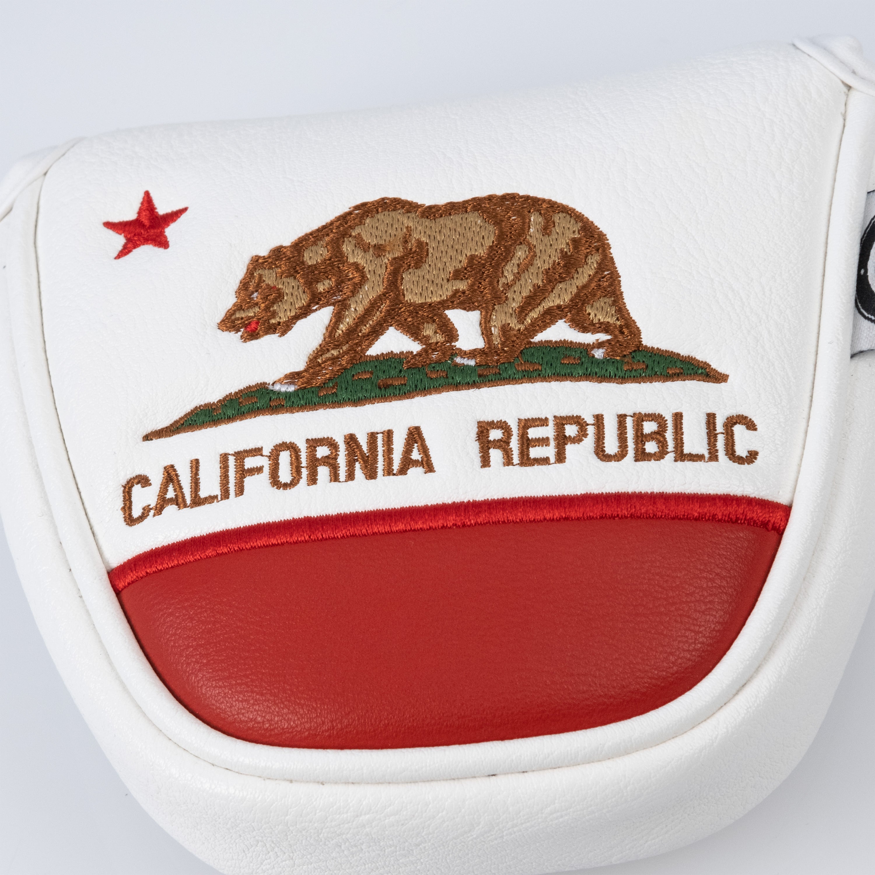 Alt text: California State Flag design mallet putter cover featuring vibrant colors and intricate details.