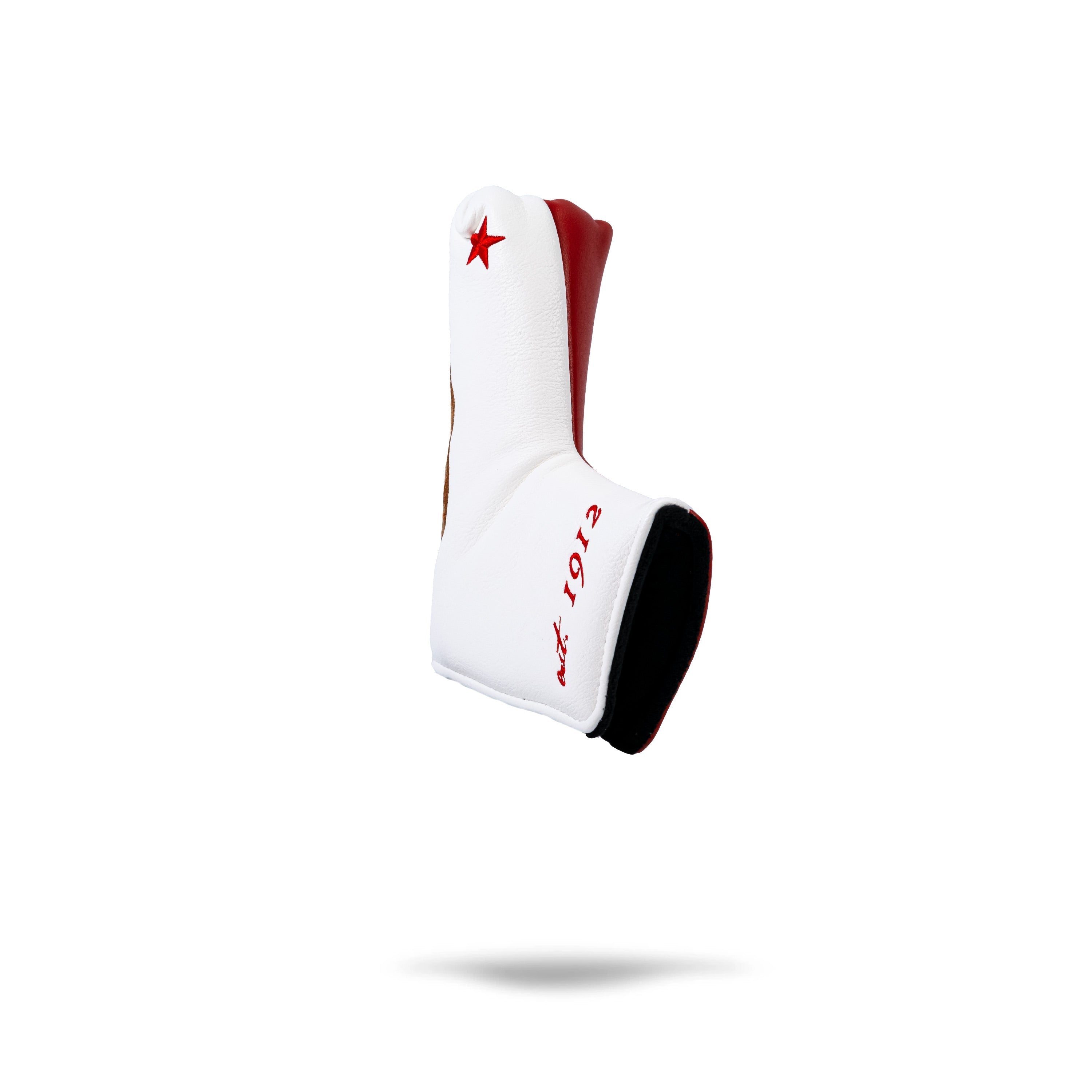 California State Flag Blade Putter Cover featuring a vibrant design with the bear and star, showcasing a rearview detail against a white background.