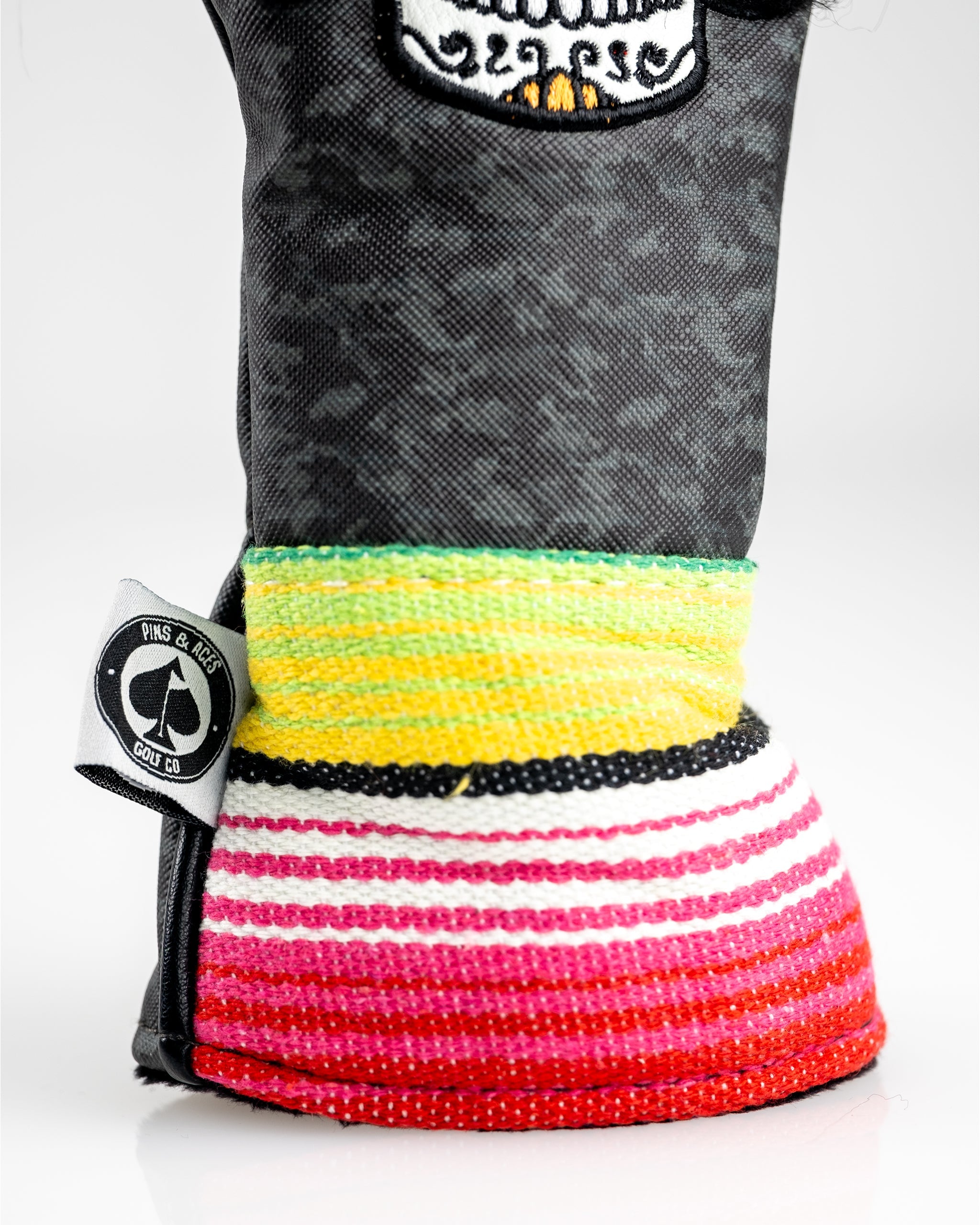 Alt text: Gray camo hybrid cover featuring a mustache sugar skull design.