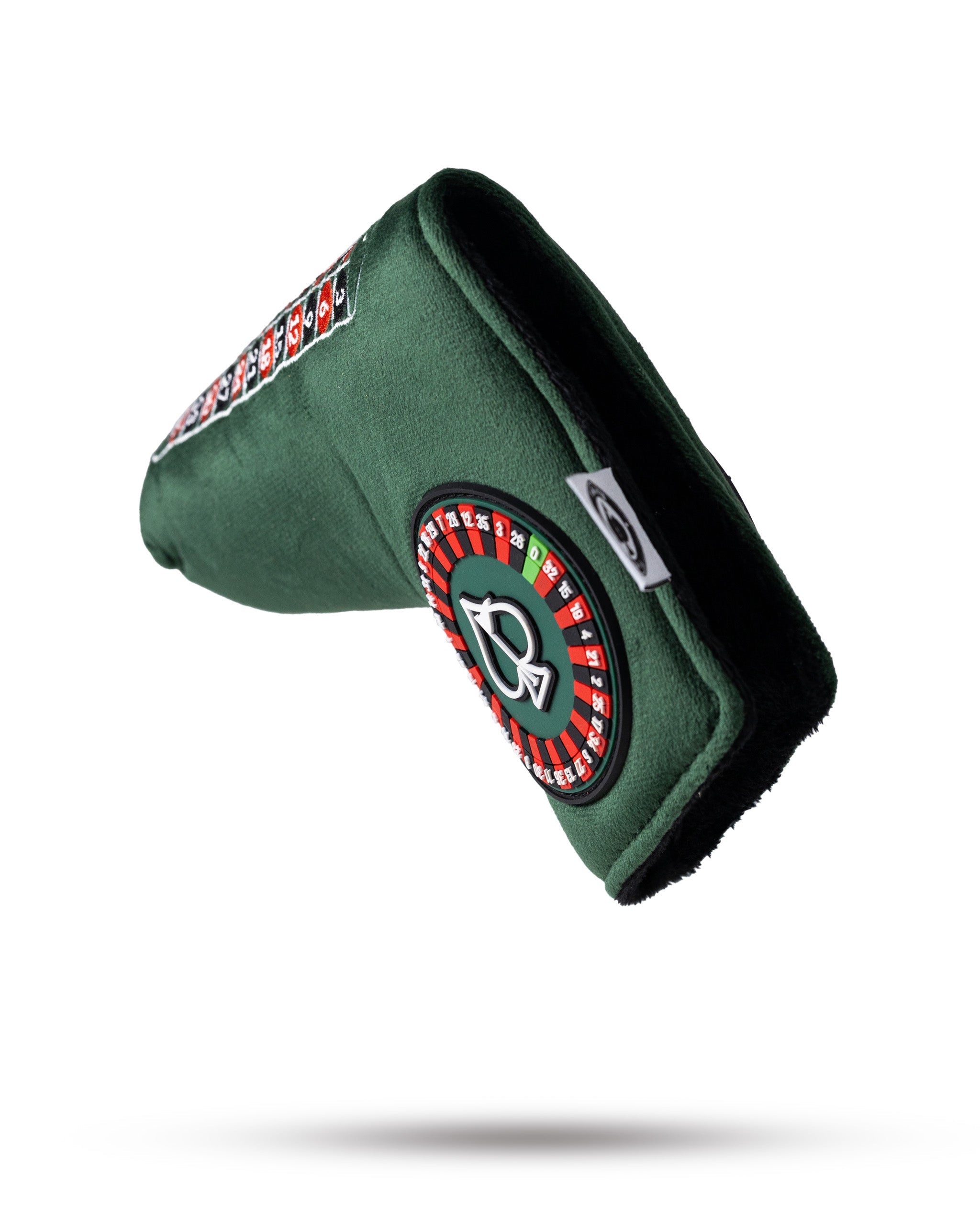 Black and red roulette-themed blade putter cover with a casino design.