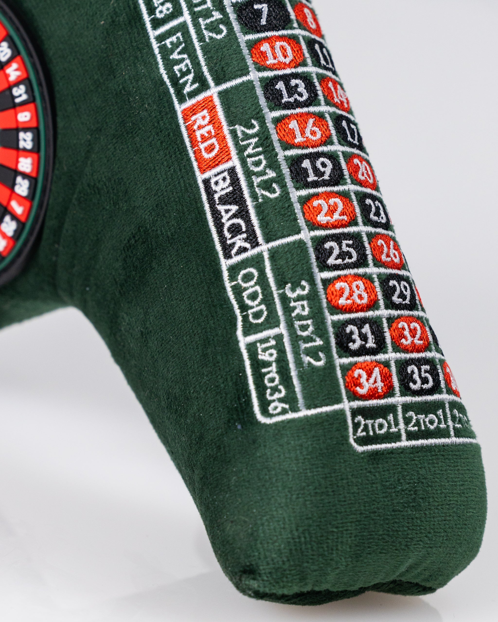 Alt text: "Roulette-themed blade putter cover featuring a vibrant casino design with a roulette wheel pattern."