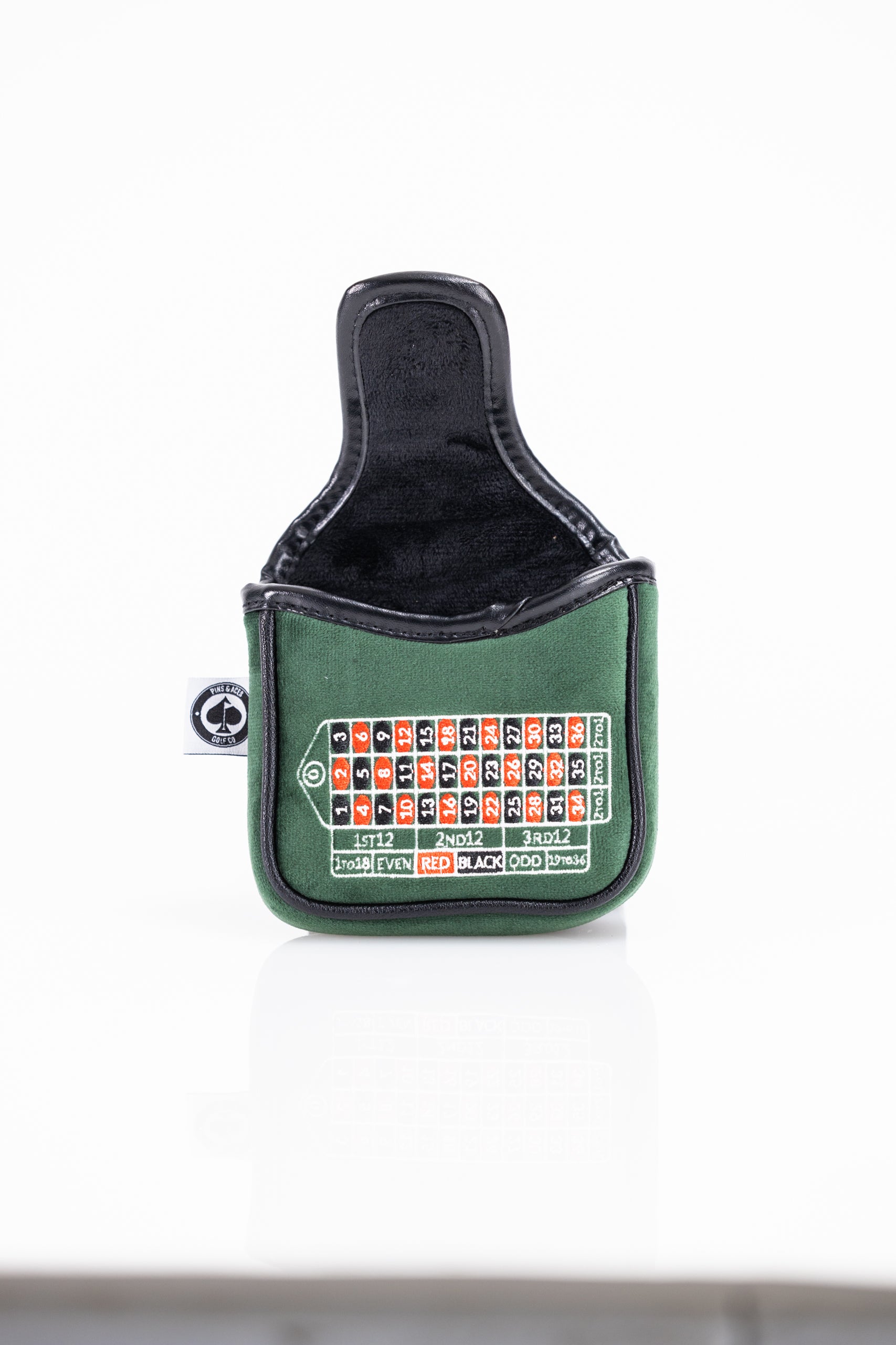"Roulette-themed mallet putter cover with a vibrant casino design, featuring a roulette wheel and playing card motifs."