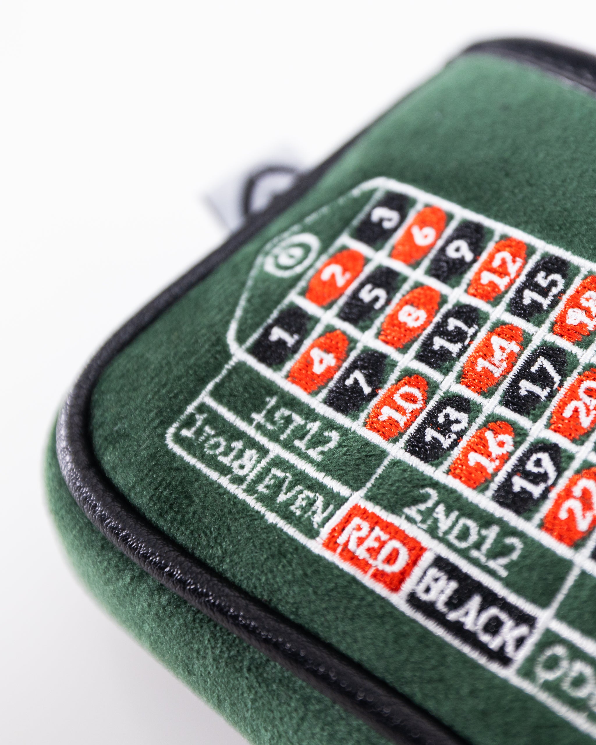 Casino-themed roulette mallet putter cover with vibrant colors, featuring a roulette wheel design and a soft, padded exterior for protection.