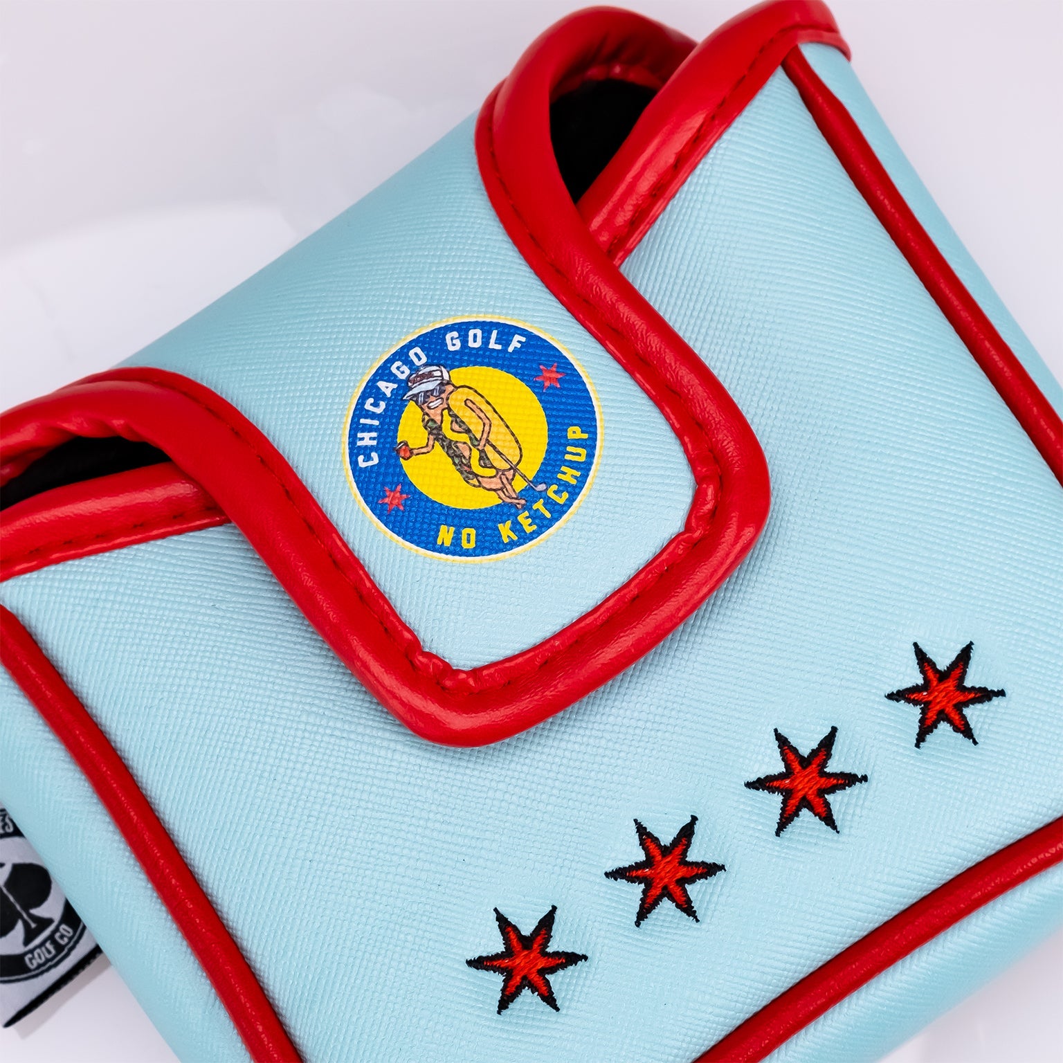 Chicago Dog Mallet Putter Cover featuring a colorful design with a cartoon hot dog and detailed stitching.