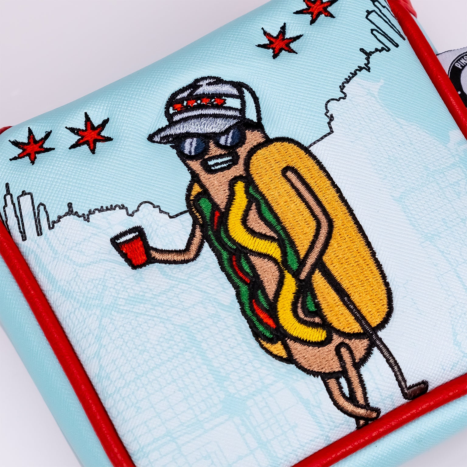 Chicago Dog mallet putter cover featuring a vibrant design with a playful hot dog graphic and high-quality stitching.