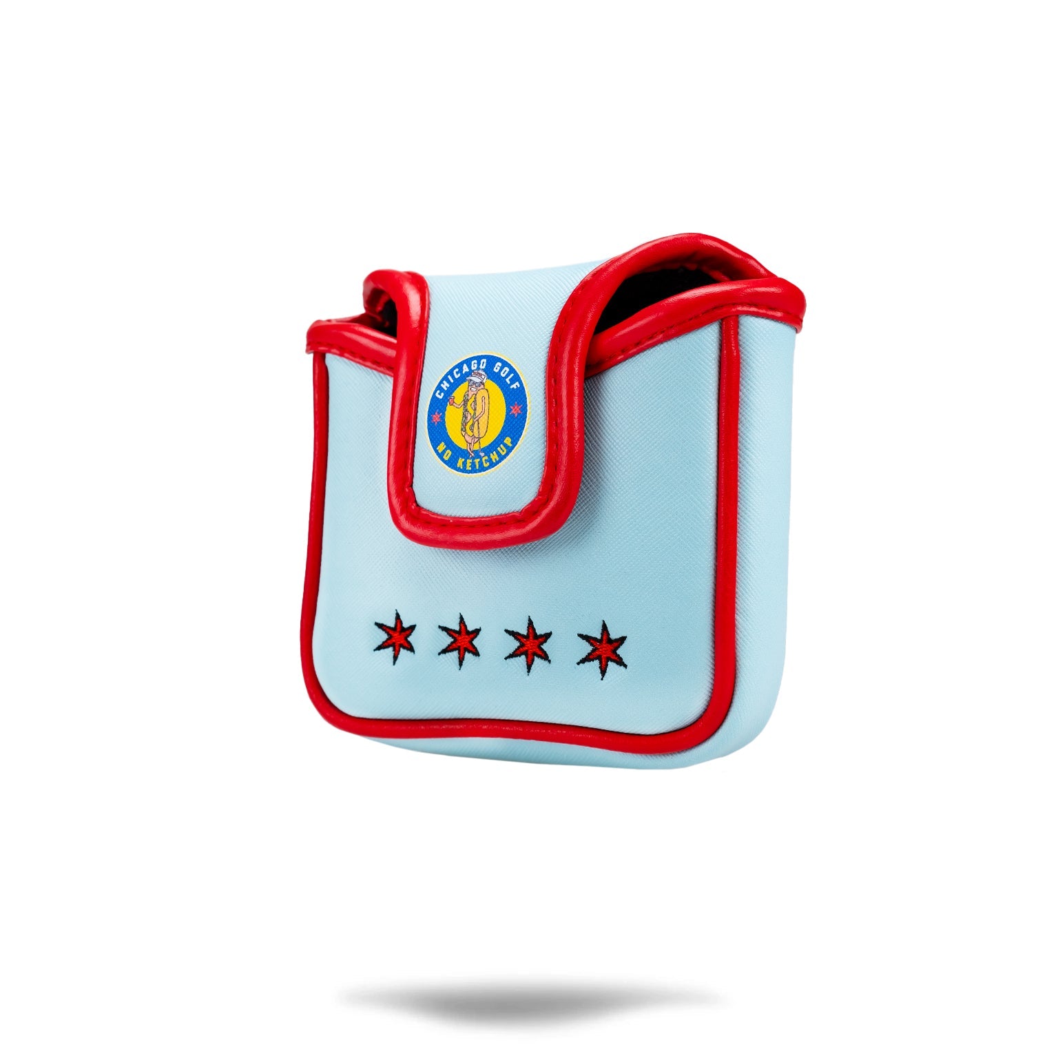 Alt text: Chicago Dog mallet putter cover featuring a colorful, cartoonish design with dog faces and a vibrant background.