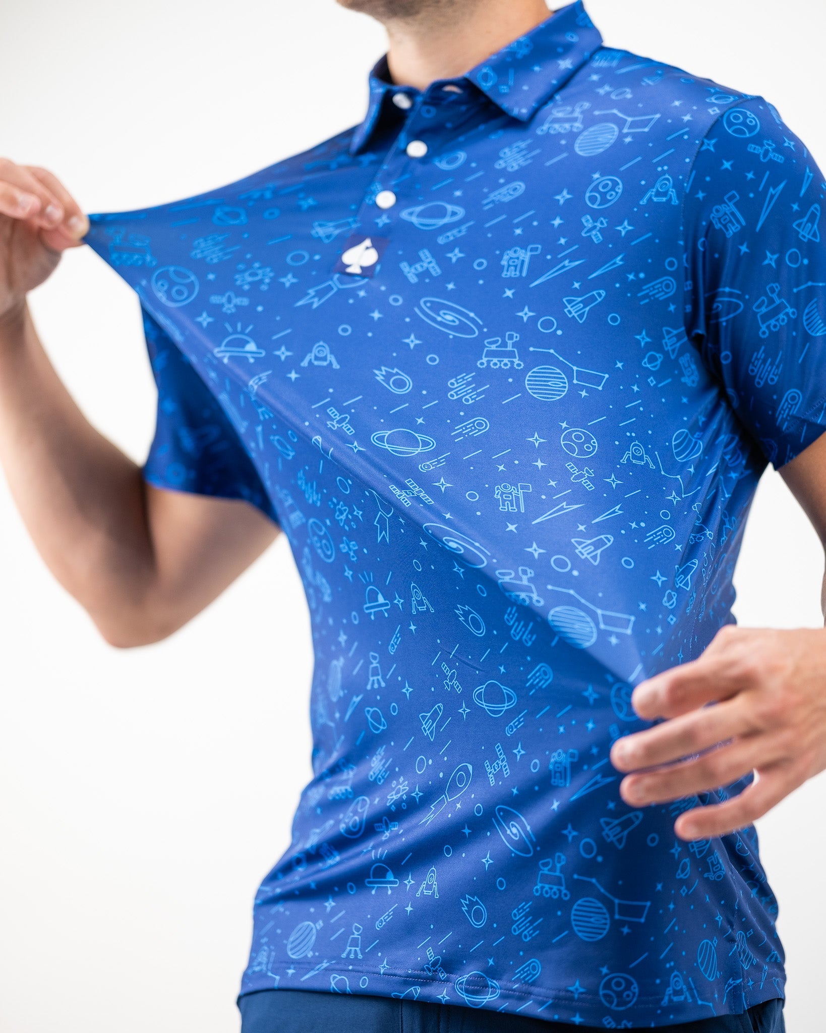 Navy NASA polo shirt featuring the iconic NASA logo on the left chest and a modern athletic cut.
