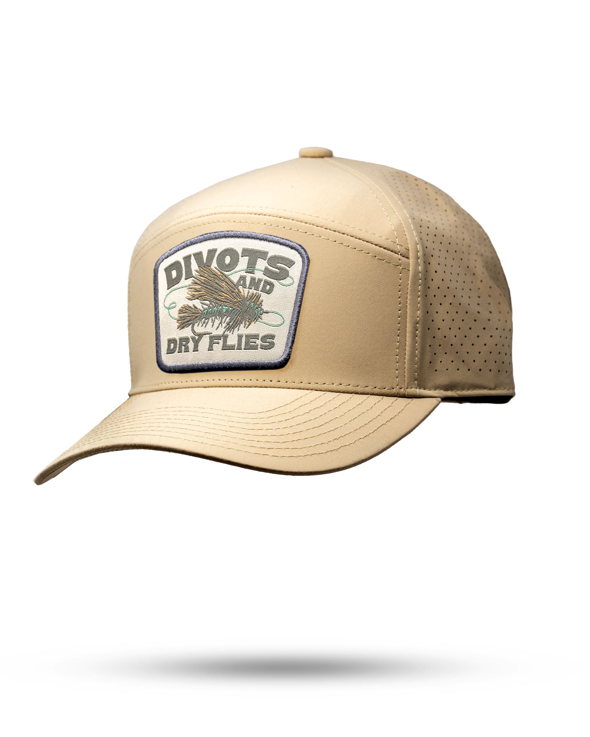 Tradesman Hat in Sand color featuring "Divots & Dry Flies" design, ideal for outdoor activities.