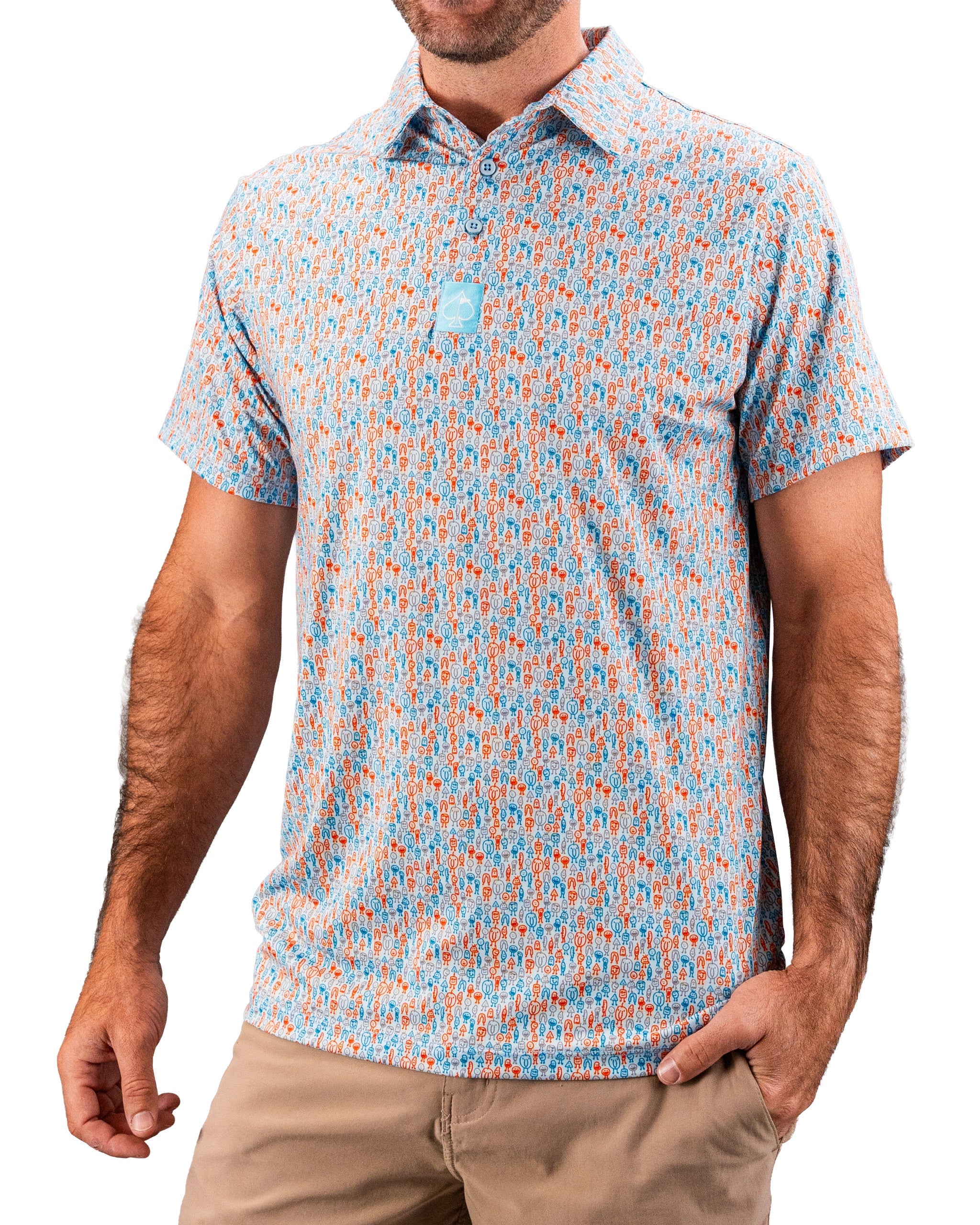 Bright, patterned men's golf shirt with blue, orange, and white geometric designs, perfect for bold golf style.