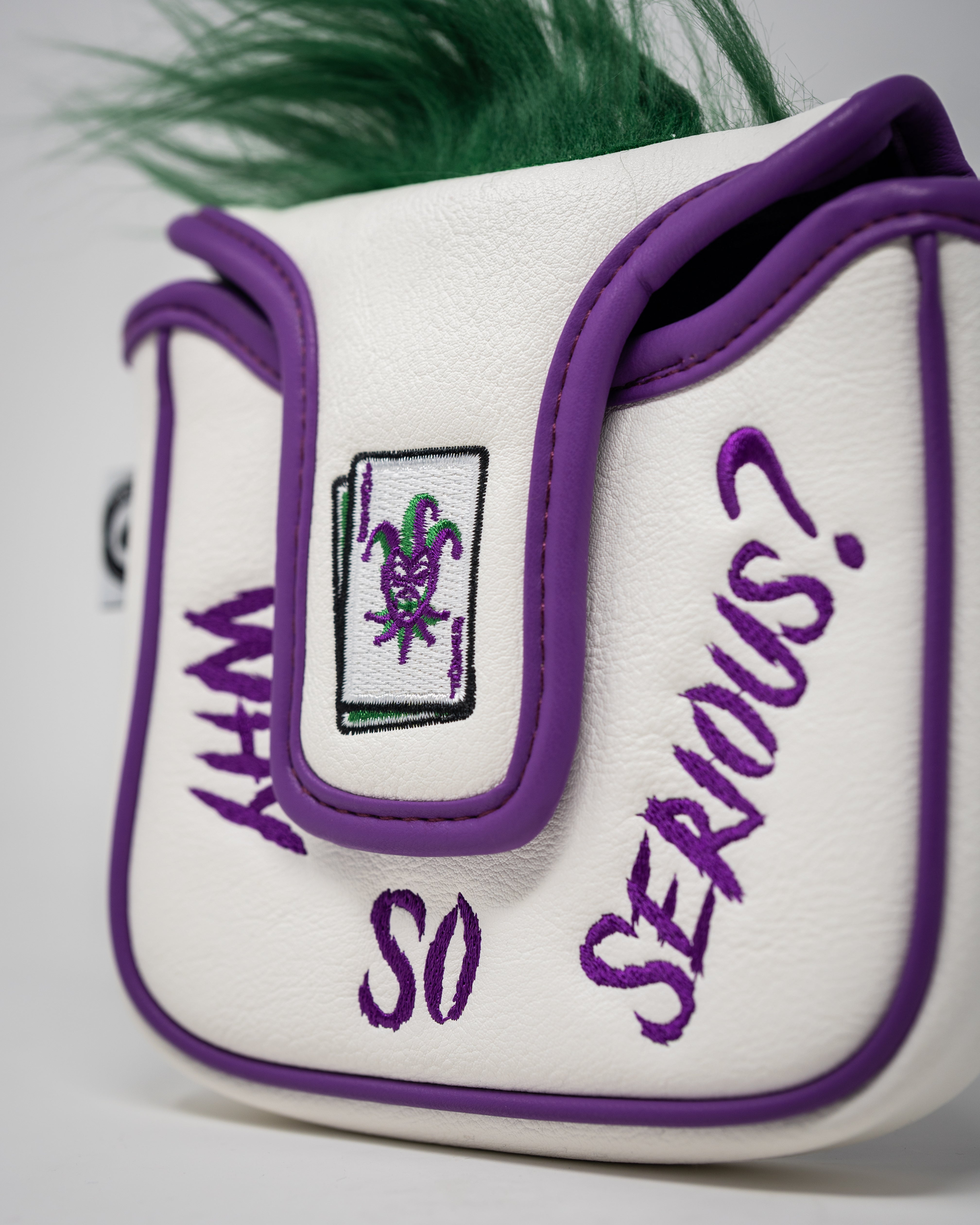 Joker mallet putter cover XL in vibrant colors with a playful design, featuring a smiling Joker face and a secure closure.