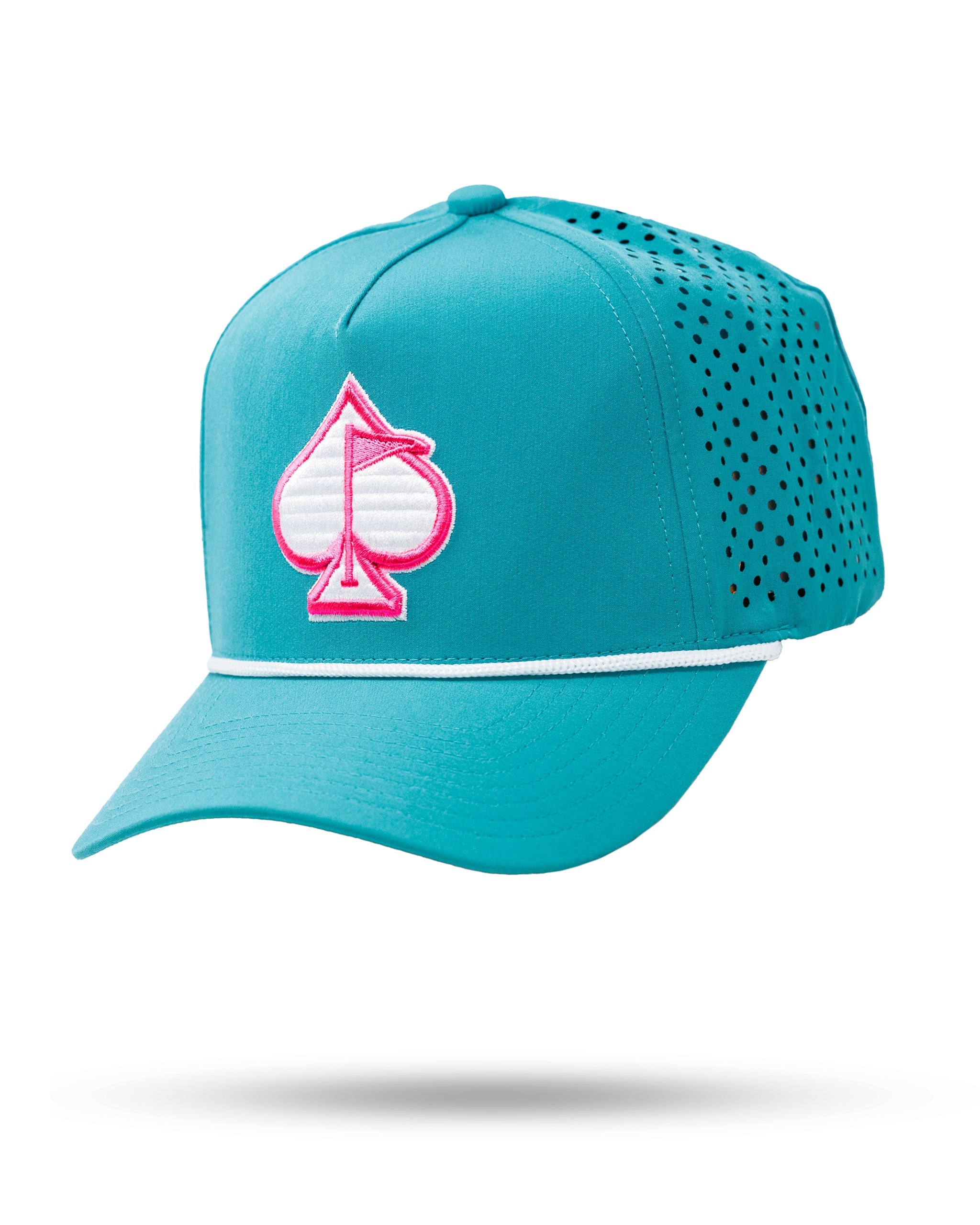 Perforated baby blue rope hat with a stylish design and adjustable strap.