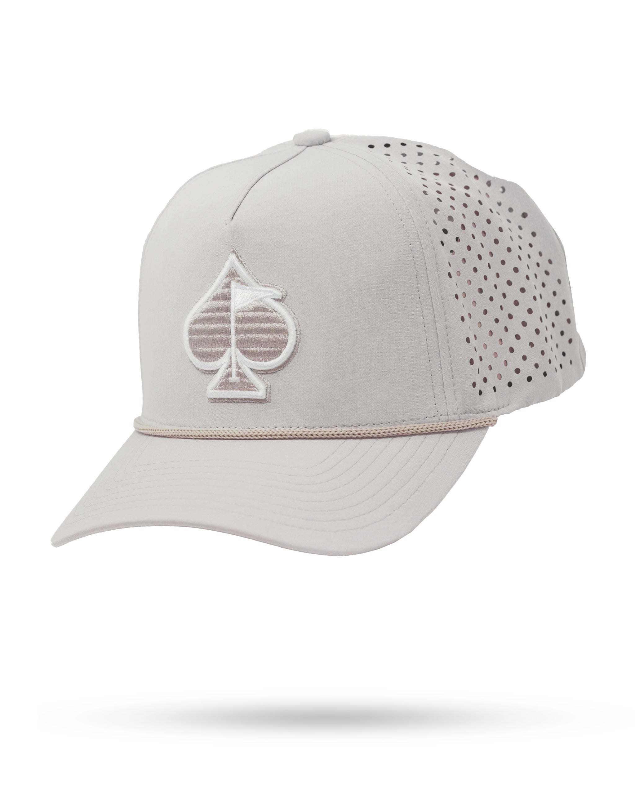 Perforated rope hat in bone color with a stylish design and adjustable strap.