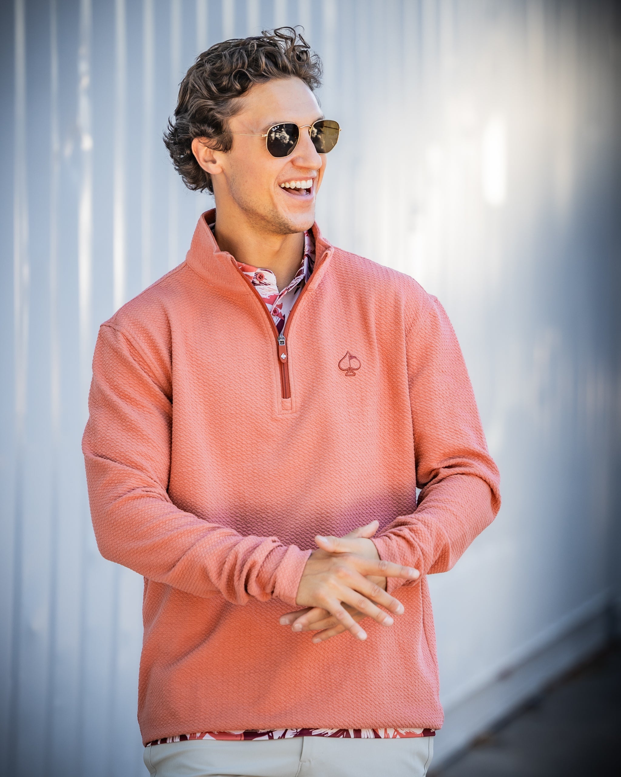 Terracotta Player Preferred™ Waffle Knit Pullover displayed on a model, showcasing a cozy, textured design suitable for fall fashion.